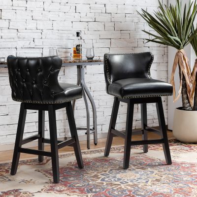 Konrad Black Vegan Leather Wingback Swivel Bar Stools