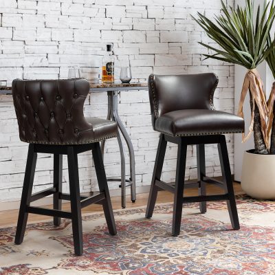 Konrad Brown Vegan Leather Wingback Swivel Bar Stools