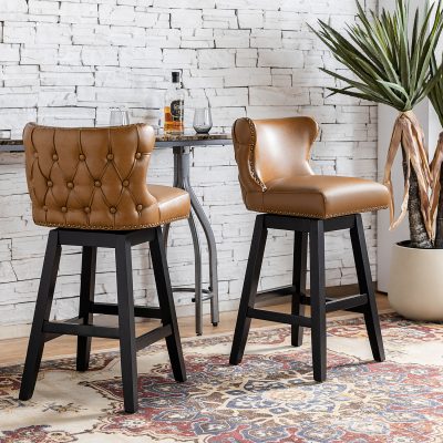Konrad Camel Vegan Leather Wingback 360 Swivel Bar Stool