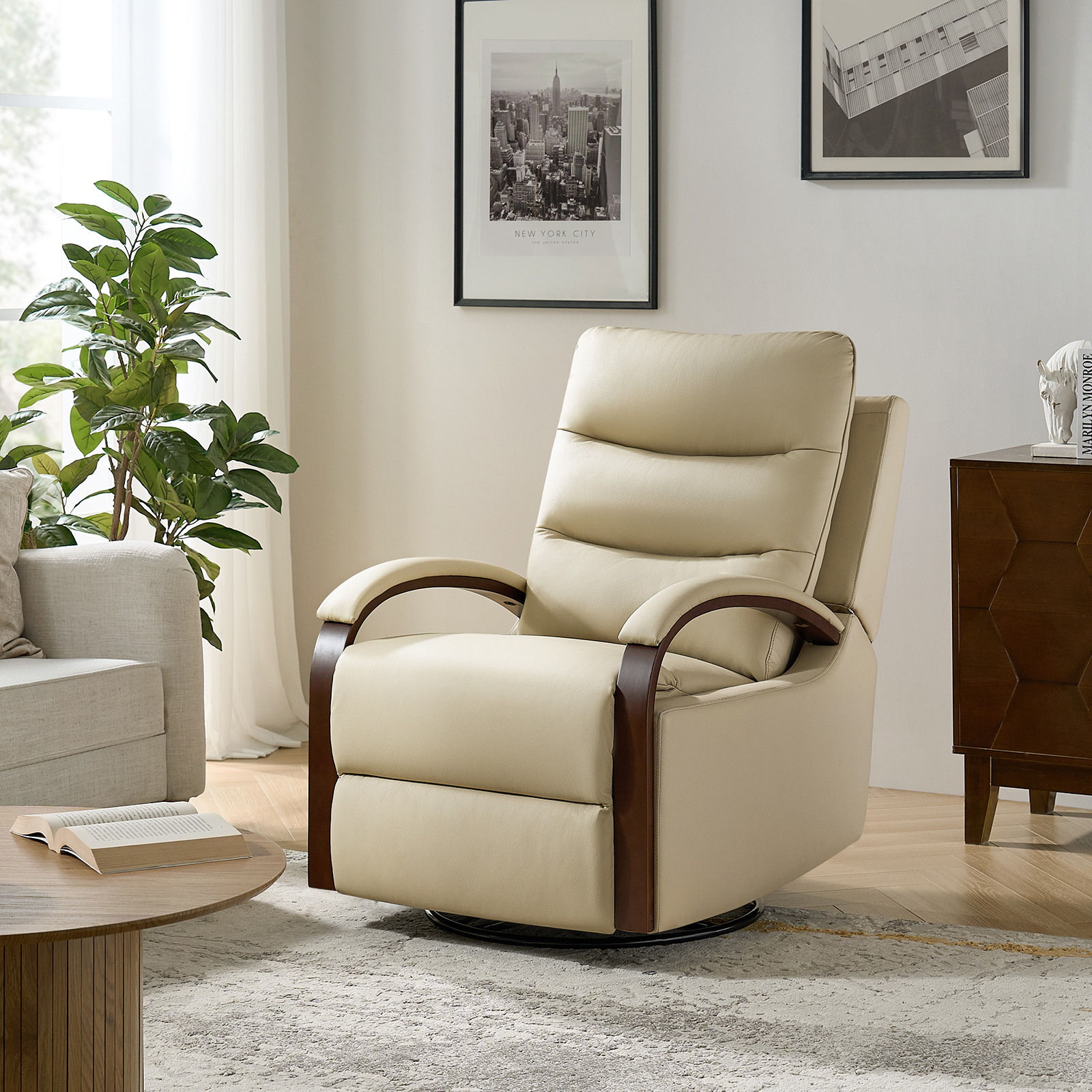 Konradin Beige Leather Rocking Swivel Manual Recliner Chair 2 Konradin Beige Leather Rocking Swivel Manual Recliner Chair - Image 2