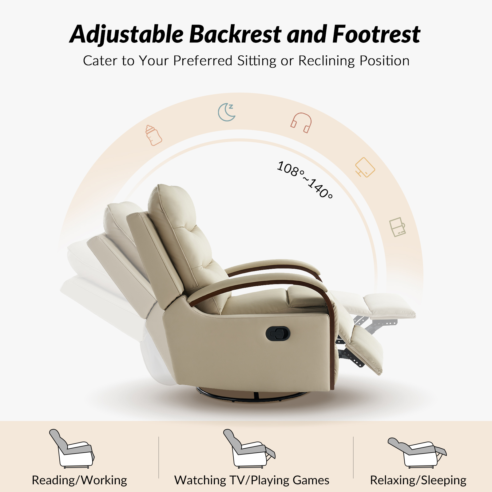 Konradin Beige Leather Rocking Swivel Manual Recliner Chair 3 Konradin Beige Leather Rocking Swivel Manual Recliner Chair - Image 3