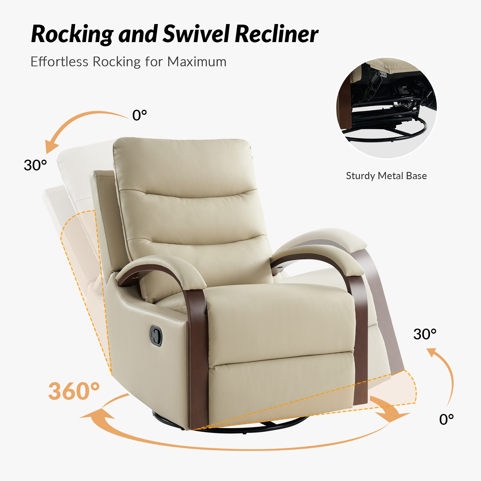 Konradin Beige Leather Rocking Swivel Manual Recliner Chair 4 Konradin Beige Leather Rocking Swivel Manual Recliner Chair - Image 4