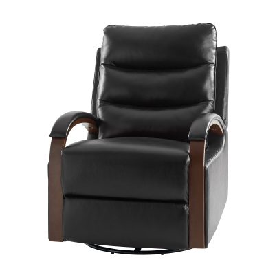 Konradin Black Leather Swivel Rocking Manual Recliner Wood Arm Accents