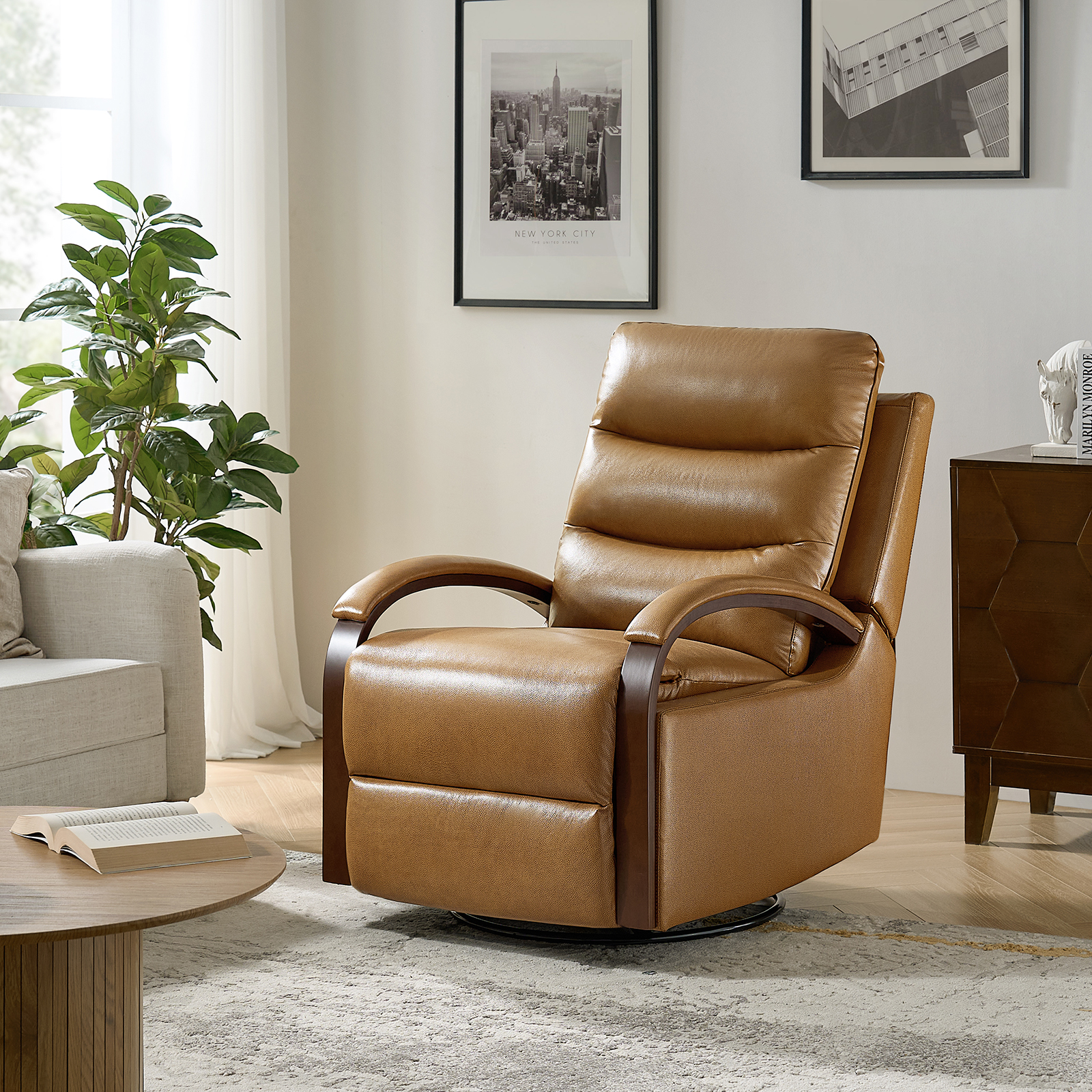 Konradin Camel Leather Rocking Swivel Recliner Wood Arm Accents 2 Konradin Camel Leather Rocking Swivel Recliner Wood Arm Accents - Image 2