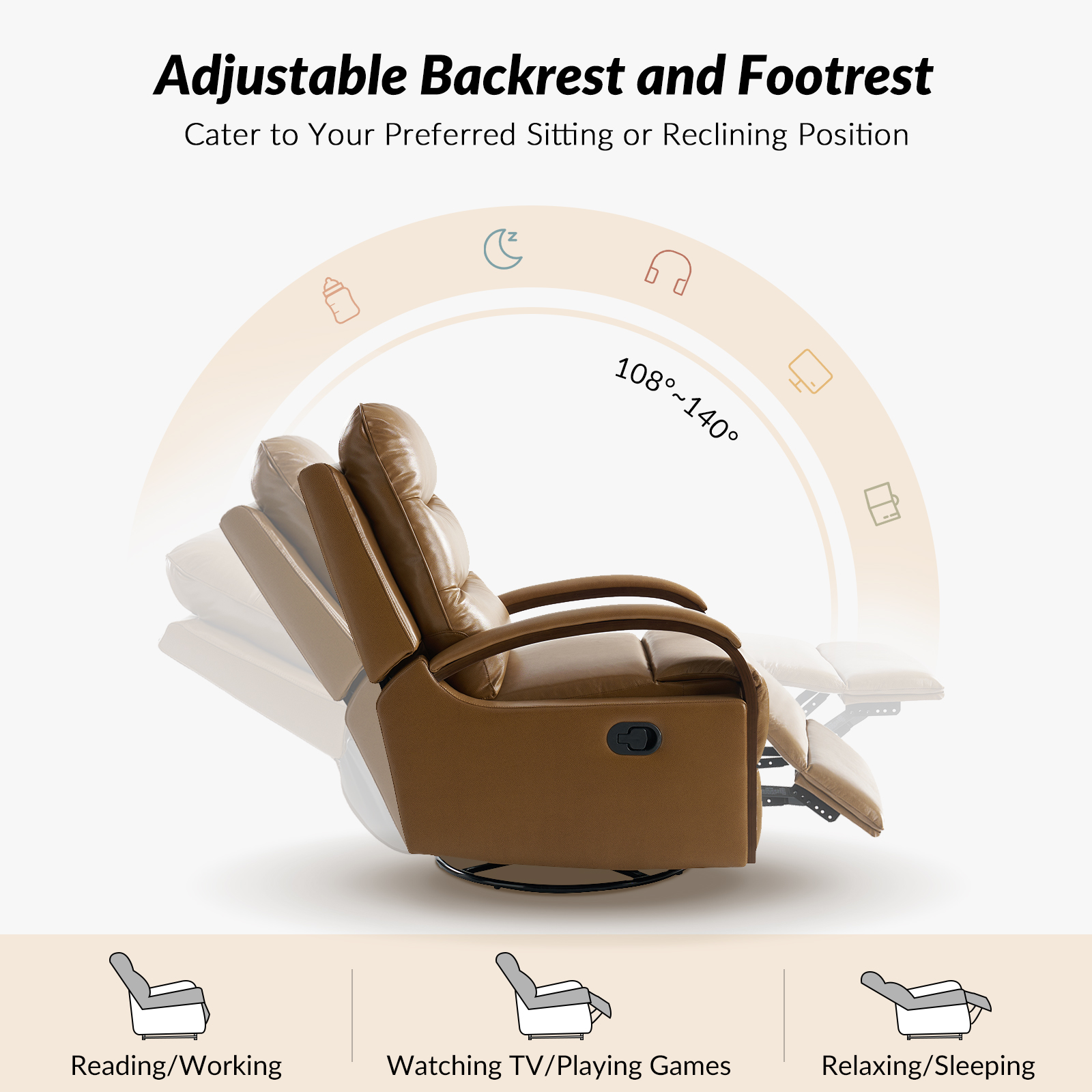 Konradin Camel Leather Rocking Swivel Recliner Wood Arm Accents 3 Konradin Camel Leather Rocking Swivel Recliner Wood Arm Accents - Image 3