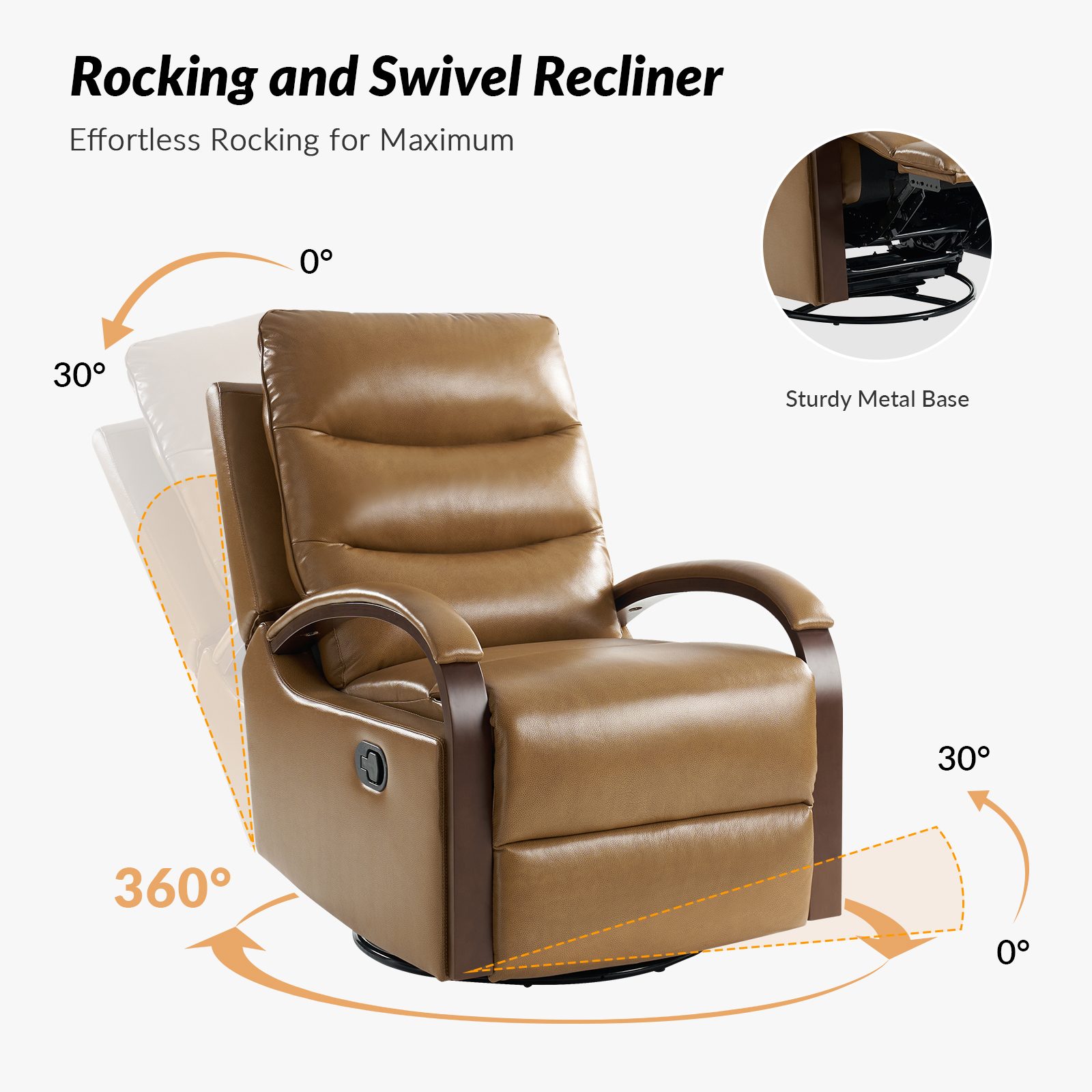 Konradin Camel Leather Rocking Swivel Recliner Wood Arm Accents 4 Konradin Camel Leather Rocking Swivel Recliner Wood Arm Accents - Image 4
