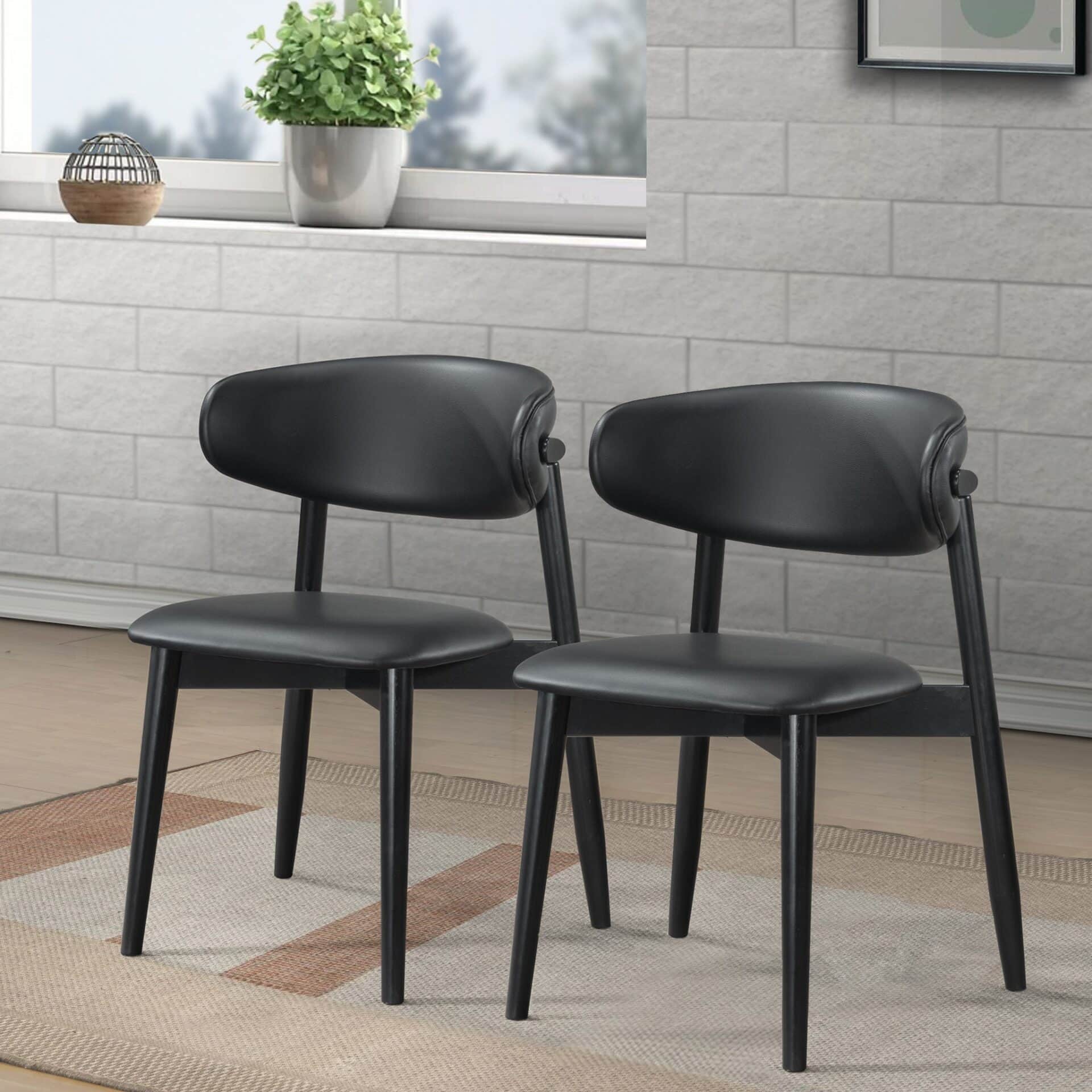 Black Vegan Leather Dining Chairs with Wood Base (Set of 2) 2 Black Vegan Leather Dining Chairs with Wood Base (Set of 2) - Image 2