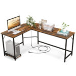 L Shaped Computer Desk with Power Outlets and CPU Stand