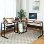 L-Shaped Corner Desk with Adjustable Tilting Tabletop and Shelves 43 L-Shaped Corner Desk with Adjustable Tilting Tabletop and Shelves