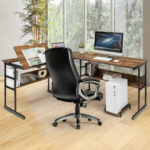 L-Shaped Corner Desk with Adjustable Tilting Tabletop and Shelves 44 L-Shaped Corner Desk with Adjustable Tilting Tabletop and Shelves