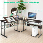 L-Shaped Corner Desk with Adjustable Tilting Tabletop and Shelves 55 L-Shaped Corner Desk with Adjustable Tilting Tabletop and Shelves