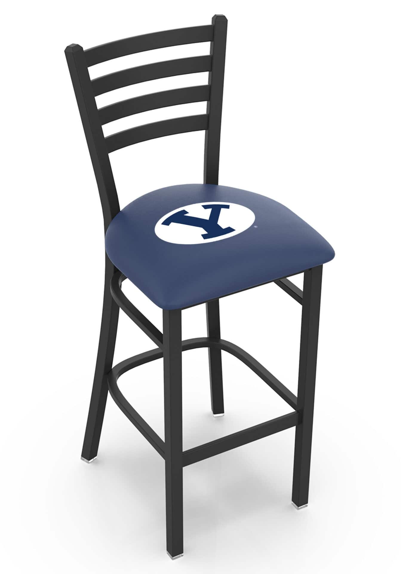 Brigham Young University 25-Inch Stationary Counter Stool w/ Black Wrinkle Finish, Ladder Back, 2.5-Inch Cushion Seat 1 Brigham Young University 25-Inch Stationary Counter Stool w/ Black Wrinkle Finish, Ladder Back, 2.5-Inch Cushion Seat