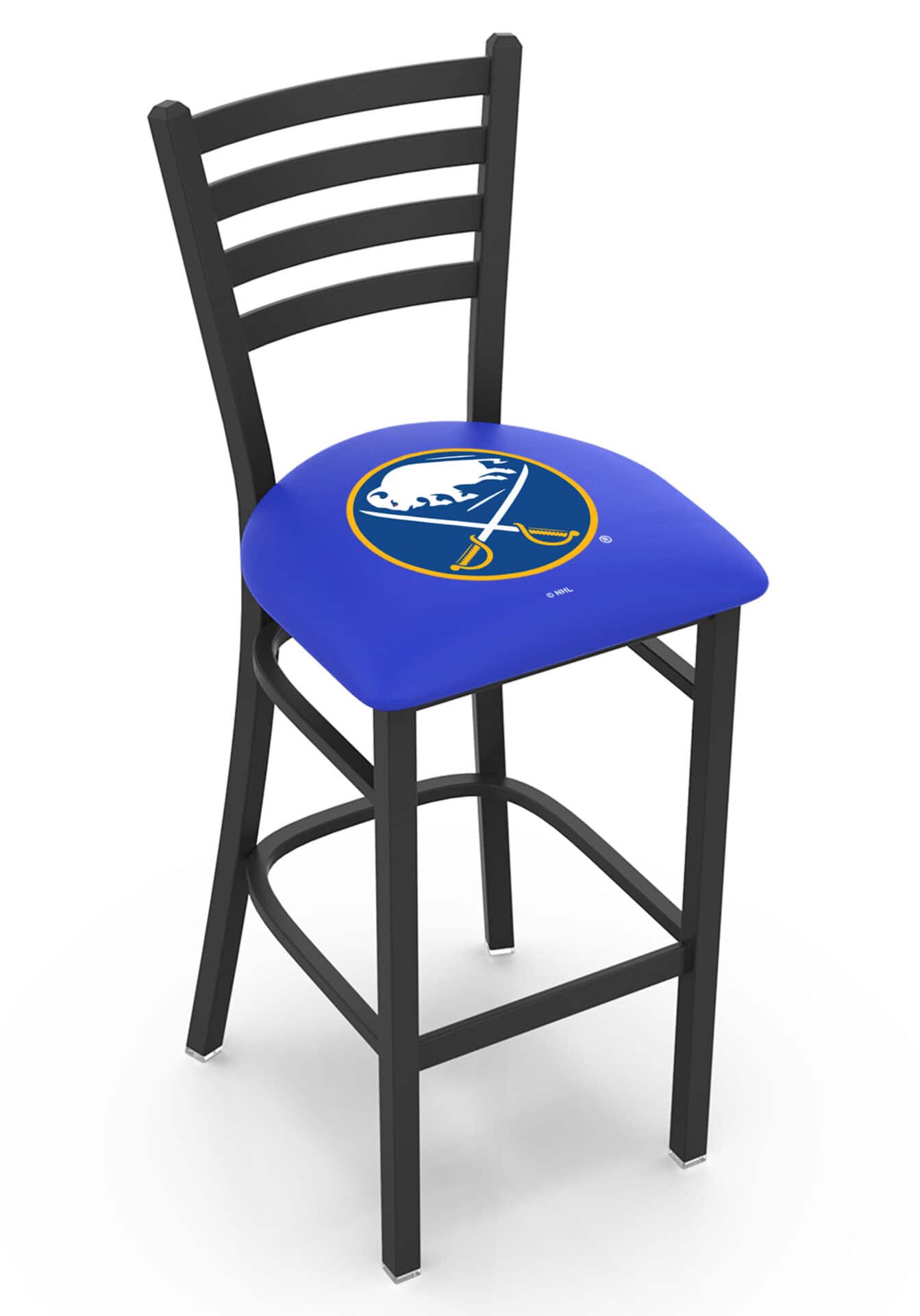 Buffalo Sabres 30-Inch Stationary Bar Stool w/ Black Wrinkle Finish, Ladder Back, 2.5-Inch Cushion Seat 1 Buffalo Sabres 30-Inch Stationary Bar Stool w/ Black Wrinkle Finish, Ladder Back, 2.5-Inch Cushion Seat