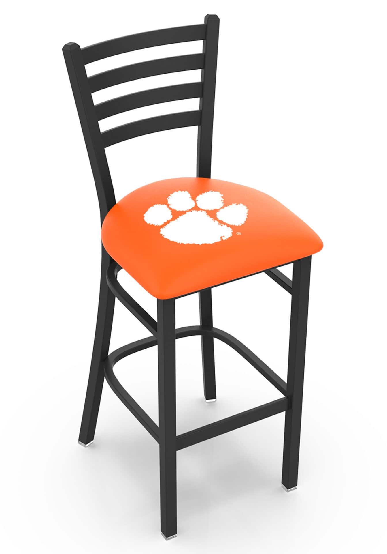 Clemson University 30-Inch Stationary Bar Stool w/ Black Wrinkle Finish, Ladder Back, 2.5-Inch Cushion Seat 1 Clemson University 30-Inch Stationary Bar Stool w/ Black Wrinkle Finish, Ladder Back, 2.5-Inch Cushion Seat