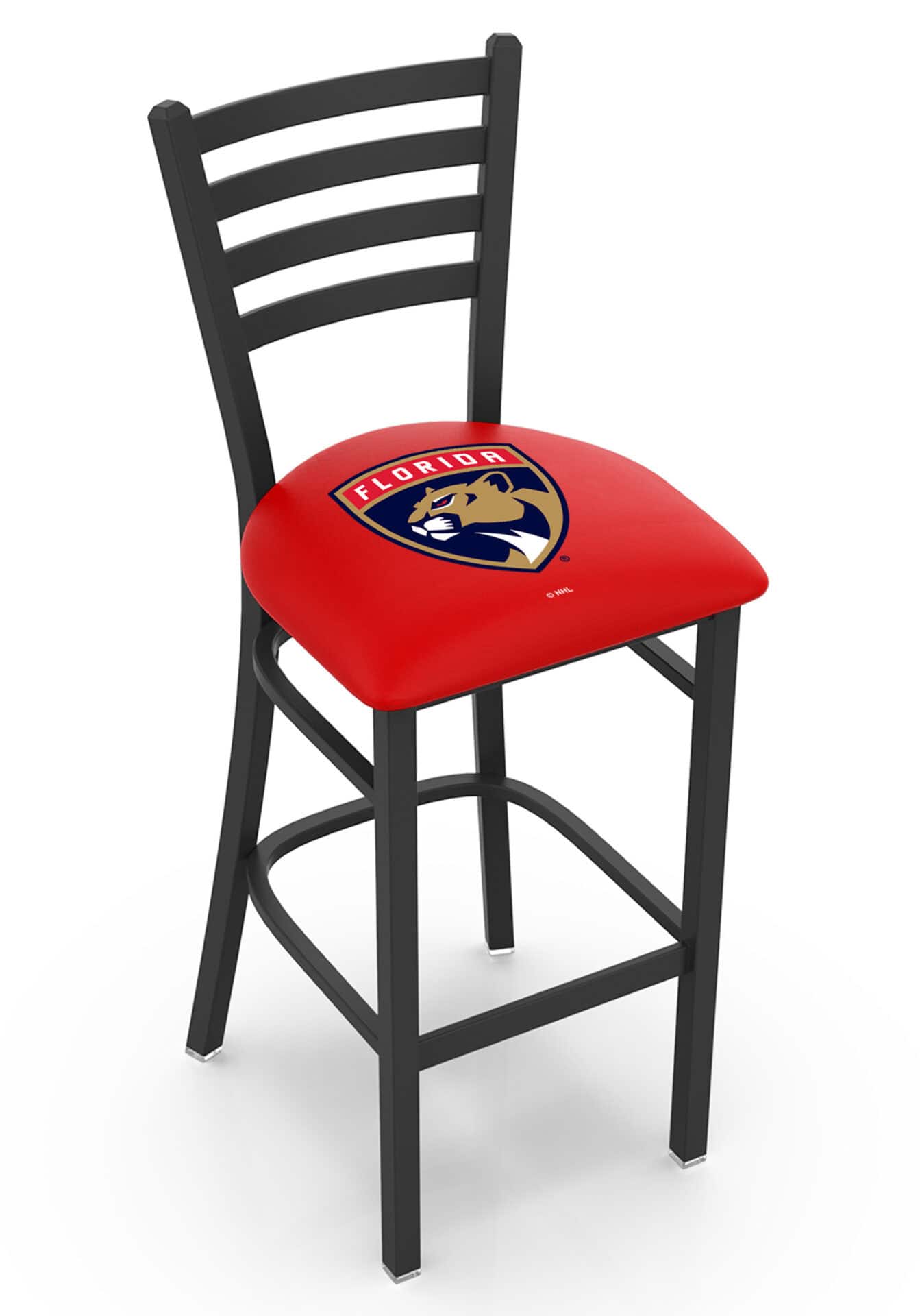 Florida Panthers 30-Inch Stationary Bar Stool w/ Black Wrinkle Finish, Ladder Back, 2.5-Inch Cushion Seat 1 Florida Panthers 30-Inch Stationary Bar Stool w/ Black Wrinkle Finish, Ladder Back, 2.5-Inch Cushion Seat