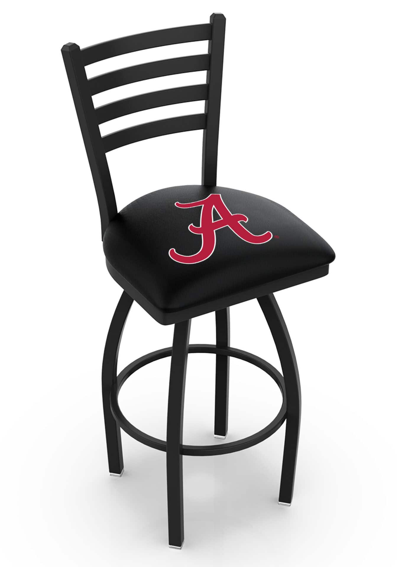 University of Alabama 36-Inch Swivel Extra Tall Bar Stool w/ Black Wrinkle Finish, Ladder Back, 2.5-Inch Cushion Seat ("A" Logo) 1 University of Alabama 36-Inch Swivel Extra Tall Bar Stool w/ Black Wrinkle Finish, Ladder Back, 2.5-Inch Cushion Seat ("A" Logo)