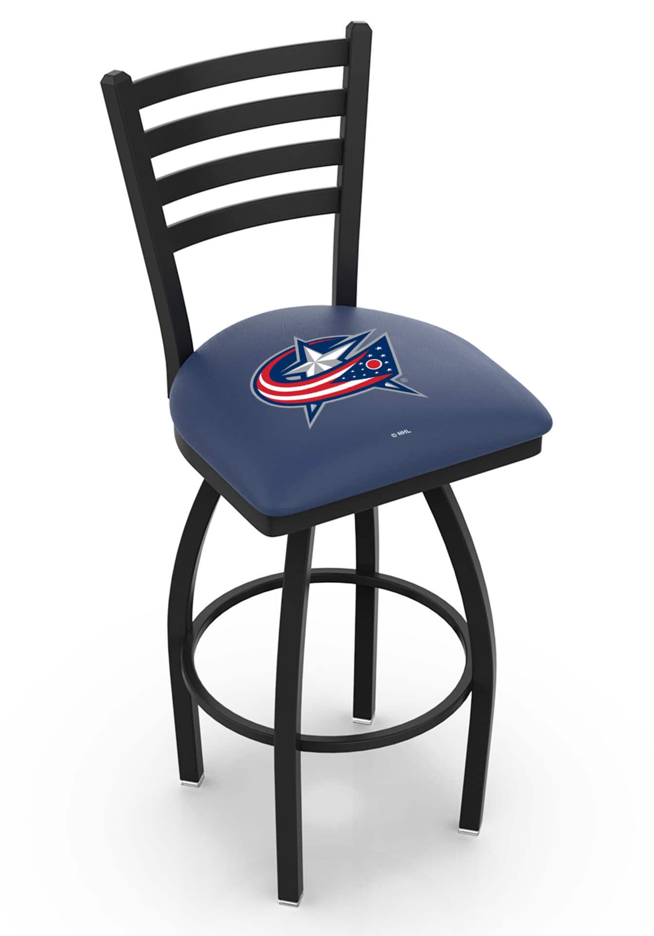 Columbus Blue Jackets 36-Inch Swivel Extra Tall Bar Stool w/ Black Wrinkle Finish, Ladder Back, 2.5-Inch Cushion Seat 1 Columbus Blue Jackets 36-Inch Swivel Extra Tall Bar Stool w/ Black Wrinkle Finish, Ladder Back, 2.5-Inch Cushion Seat