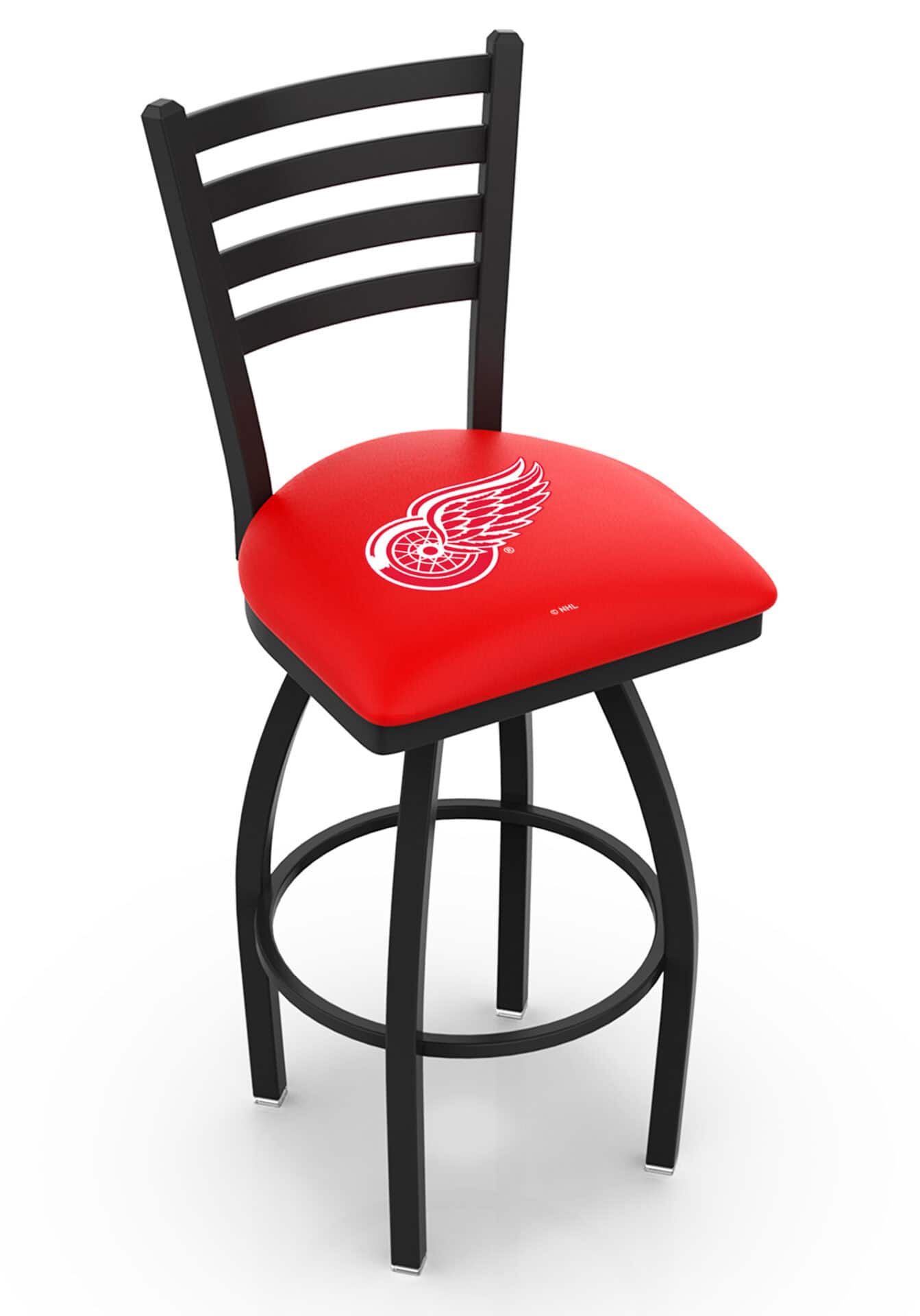 Detroit Red Wings 36-Inch Swivel Extra Tall Bar Stool w/ Black Wrinkle Finish, Ladder Back, 2.5-Inch Cushion Seat 1 Detroit Red Wings 36-Inch Swivel Extra Tall Bar Stool w/ Black Wrinkle Finish, Ladder Back, 2.5-Inch Cushion Seat