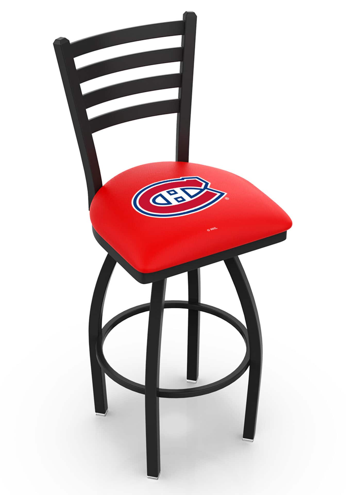 Montreal Canadiens 36-Inch Swivel Extra Tall Bar Stool w/ Black Wrinkle Finish, Ladder Back, 2.5-Inch Cushion Seat 1 Montreal Canadiens 36-Inch Swivel Extra Tall Bar Stool w/ Black Wrinkle Finish, Ladder Back, 2.5-Inch Cushion Seat