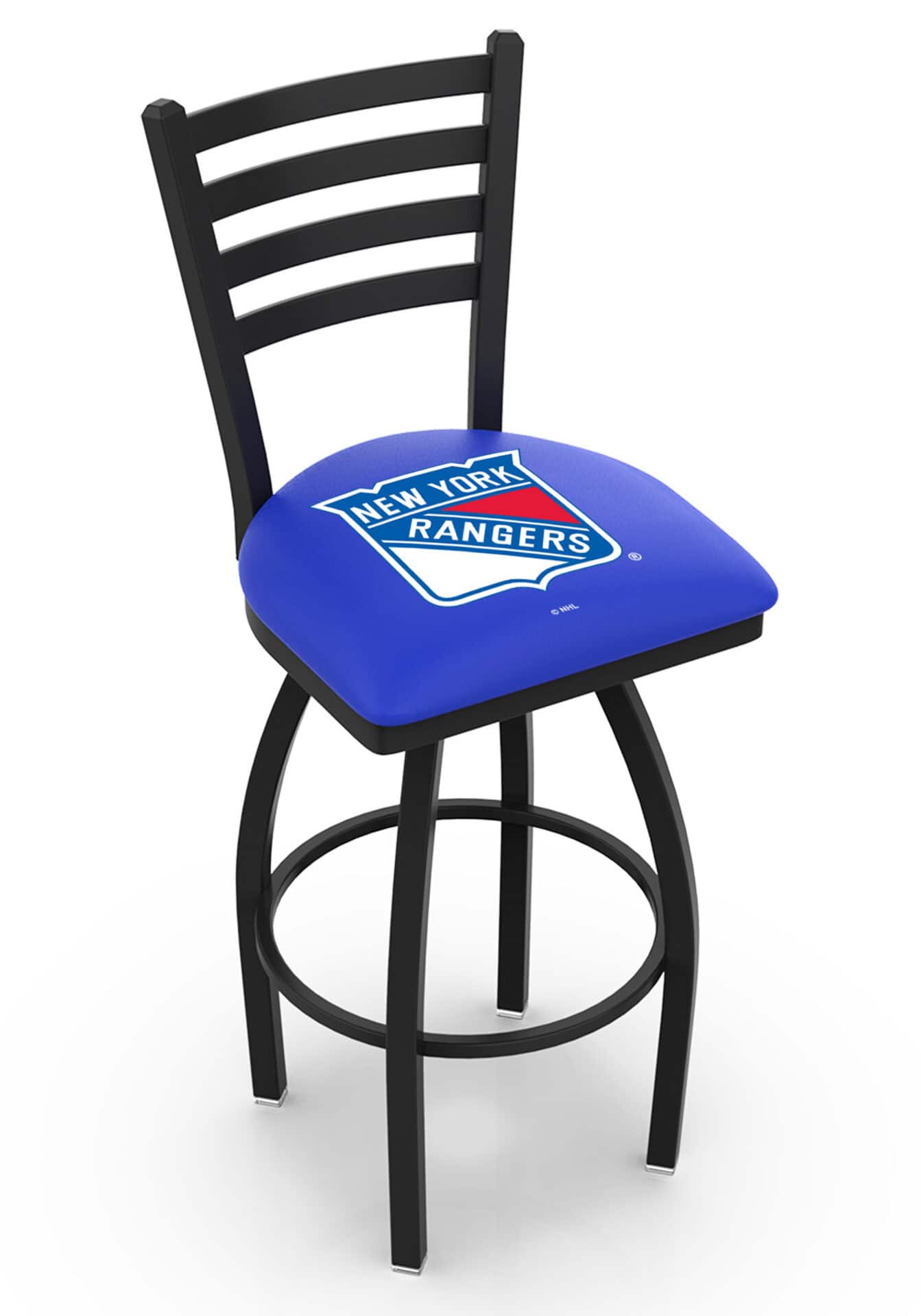New York Rangers 36-Inch Swivel Extra Tall Bar Stool w/ Black Wrinkle Finish, Ladder Back, 2.5-Inch Cushion Seat 1 New York Rangers 36-Inch Swivel Extra Tall Bar Stool w/ Black Wrinkle Finish, Ladder Back, 2.5-Inch Cushion Seat
