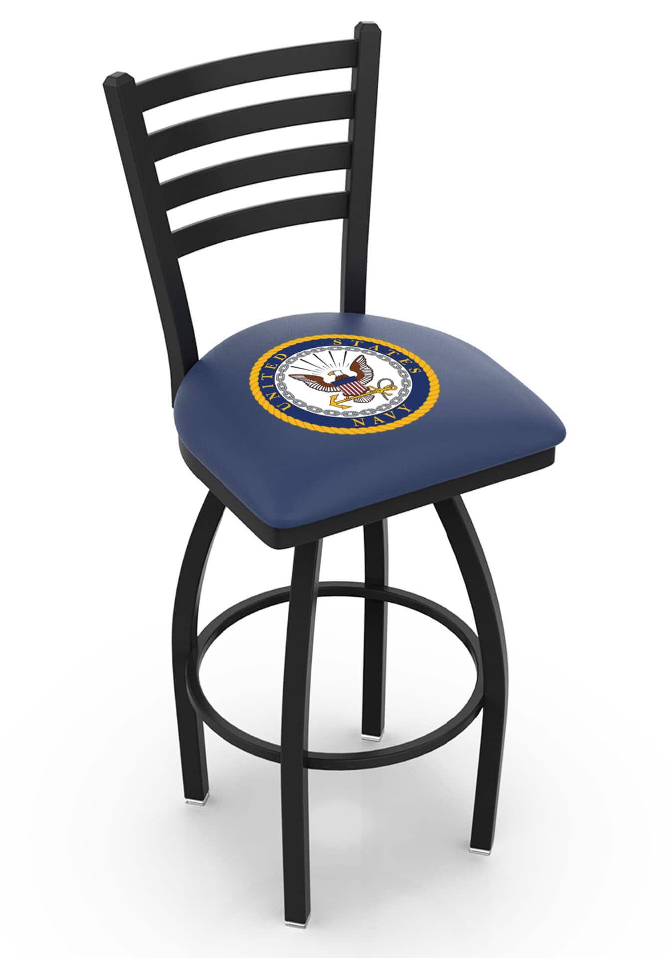 United States Navy 36-Inch Swivel Extra Tall Bar Stool w/ Black Wrinkle Finish, Ladder Back, 2.5-Inch Cushion Seat 1 United States Navy 36-Inch Swivel Extra Tall Bar Stool w/ Black Wrinkle Finish, Ladder Back, 2.5-Inch Cushion Seat