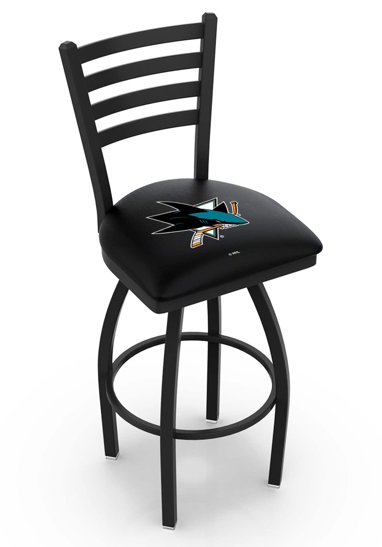 San Jose Sharks 36-Inch Swivel Extra Tall Bar Stool w/ Black Wrinkle Finish, Ladder Back, 2.5-Inch Cushion Seat 1 San Jose Sharks 36-Inch Swivel Extra Tall Bar Stool w/ Black Wrinkle Finish, Ladder Back, 2.5-Inch Cushion Seat