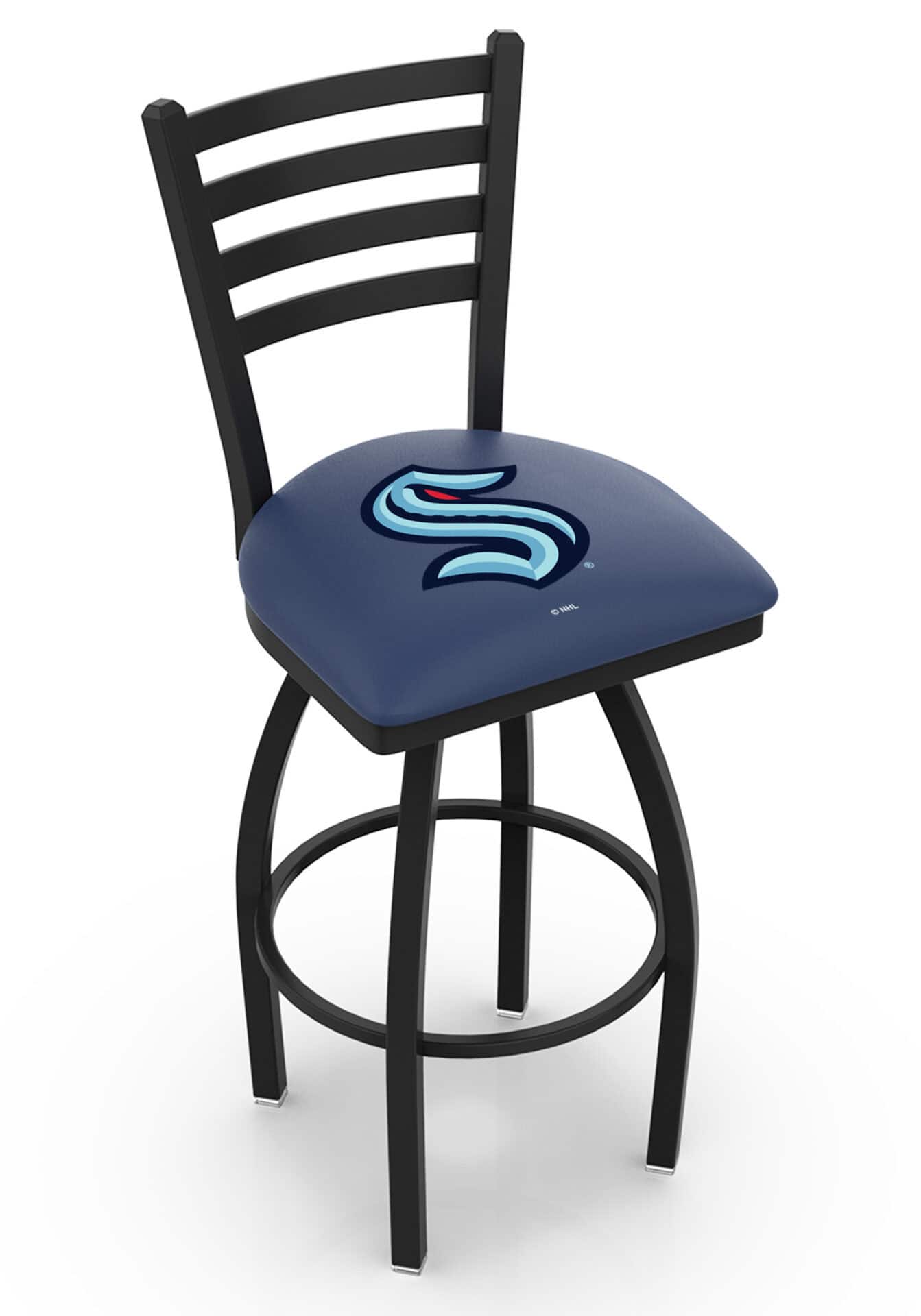 Seattle Kraken 36-Inch Swivel Extra Tall Bar Stool w/ Black Wrinkle Finish, Ladder Back, 2.5-Inch Cushion Seat 1 Seattle Kraken 36-Inch Swivel Extra Tall Bar Stool w/ Black Wrinkle Finish, Ladder Back, 2.5-Inch Cushion Seat