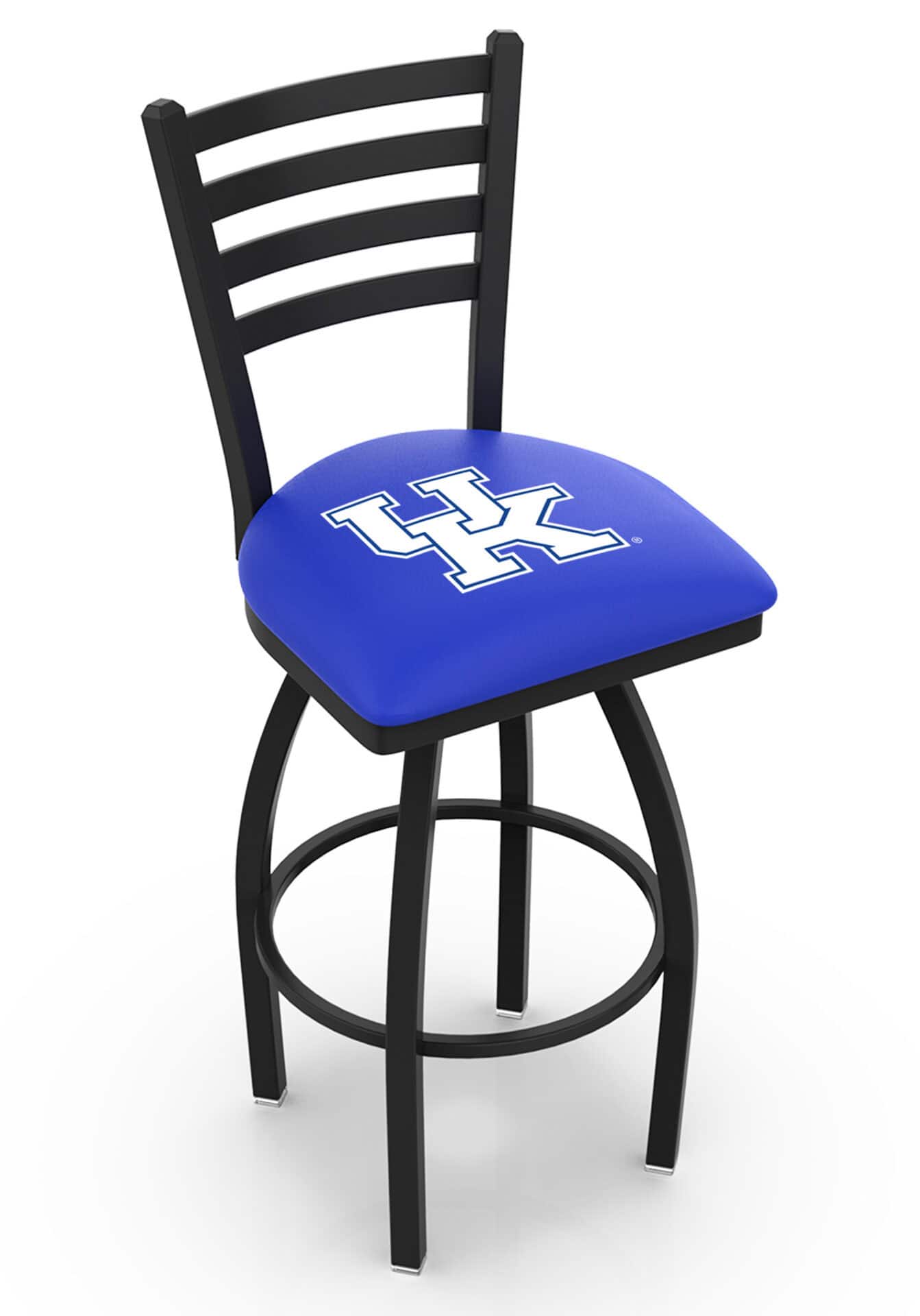 University of Kentucky 36-Inch Swivel Extra Tall Bar Stool w/ Black Wrinkle Finish, Ladder Back, 2.5-Inch Cushion Seat ("UK" Logo) 1 University of Kentucky 36-Inch Swivel Extra Tall Bar Stool w/ Black Wrinkle Finish, Ladder Back, 2.5-Inch Cushion Seat ("UK" Logo)