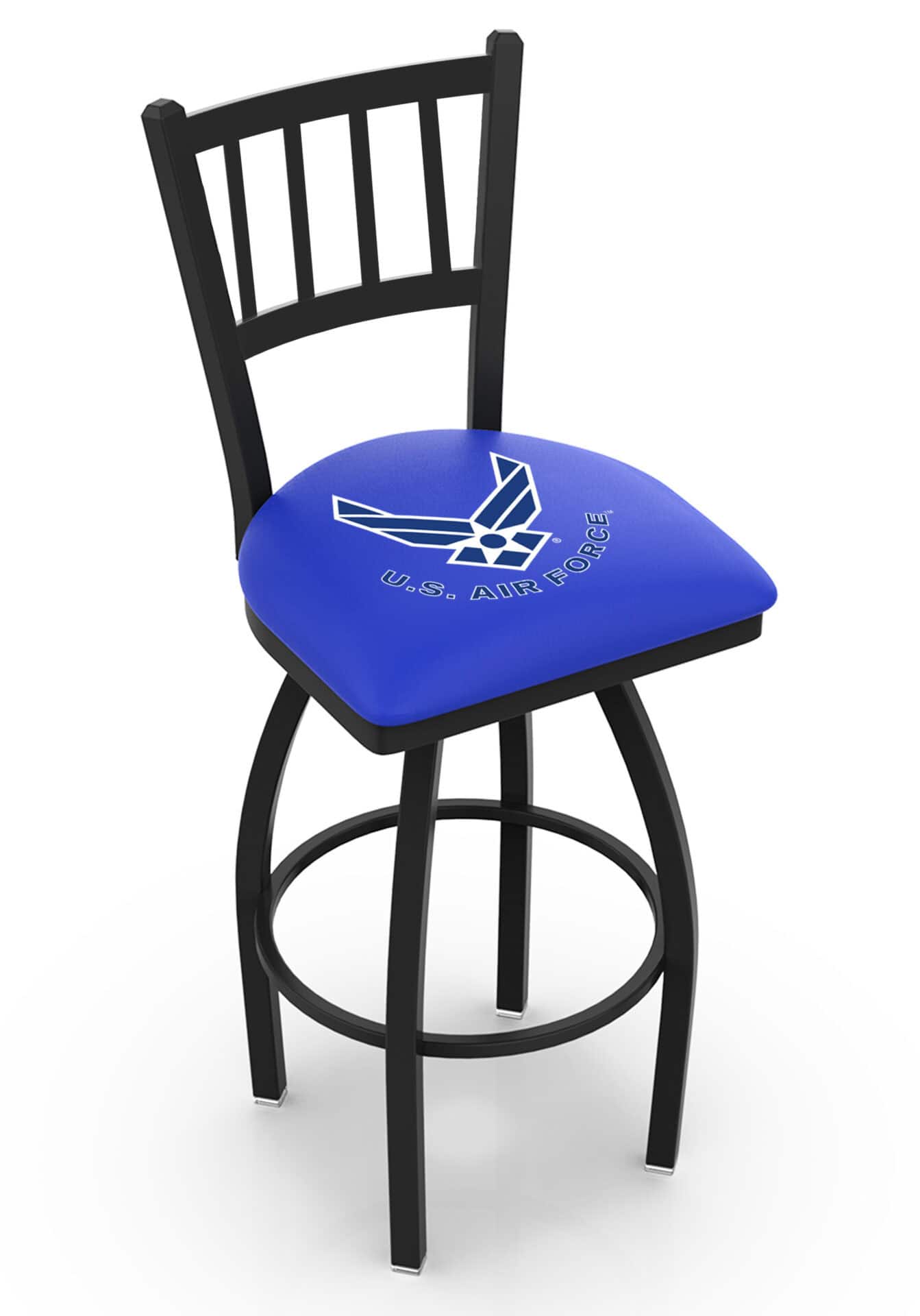 United States Air Force 36-Inch Swivel Extra Tall Bar Stool w/ Black Wrinkle Finish, Jailhouse Back, 2.5-Inch Cushion Seat 1 United States Air Force 36-Inch Swivel Extra Tall Bar Stool w/ Black Wrinkle Finish, Jailhouse Back, 2.5-Inch Cushion Seat