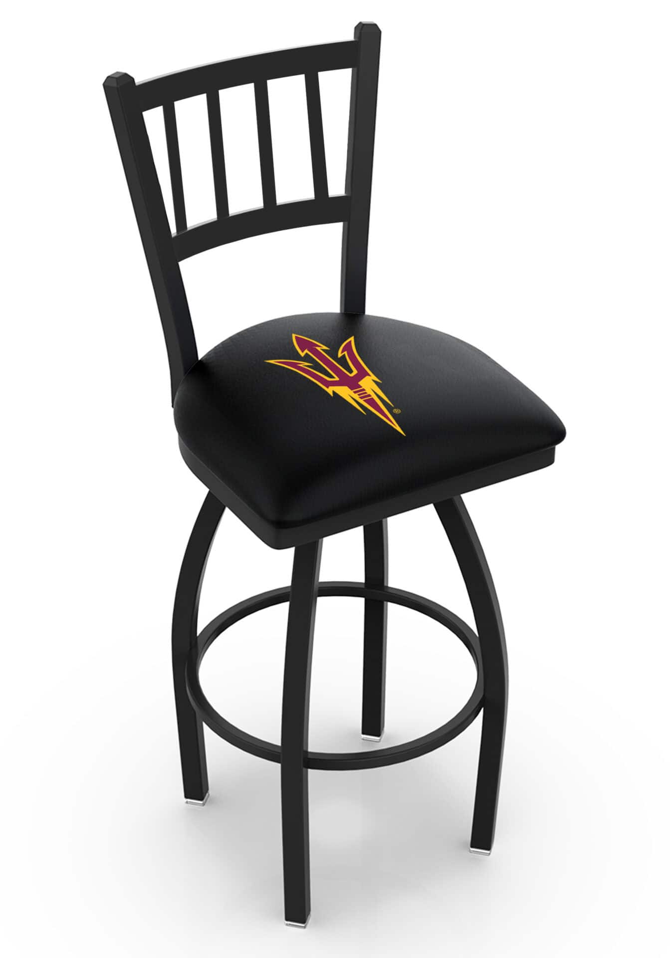 Arizona State University 25-Inch Swivel Counter Stool w/ Black Wrinkle Finish, Jailhouse Back, 2.5-Inch Cushion Seat (Pitchfork Logo) 1 Arizona State University 25-Inch Swivel Counter Stool w/ Black Wrinkle Finish, Jailhouse Back, 2.5-Inch Cushion Seat (Pitchfork Logo)