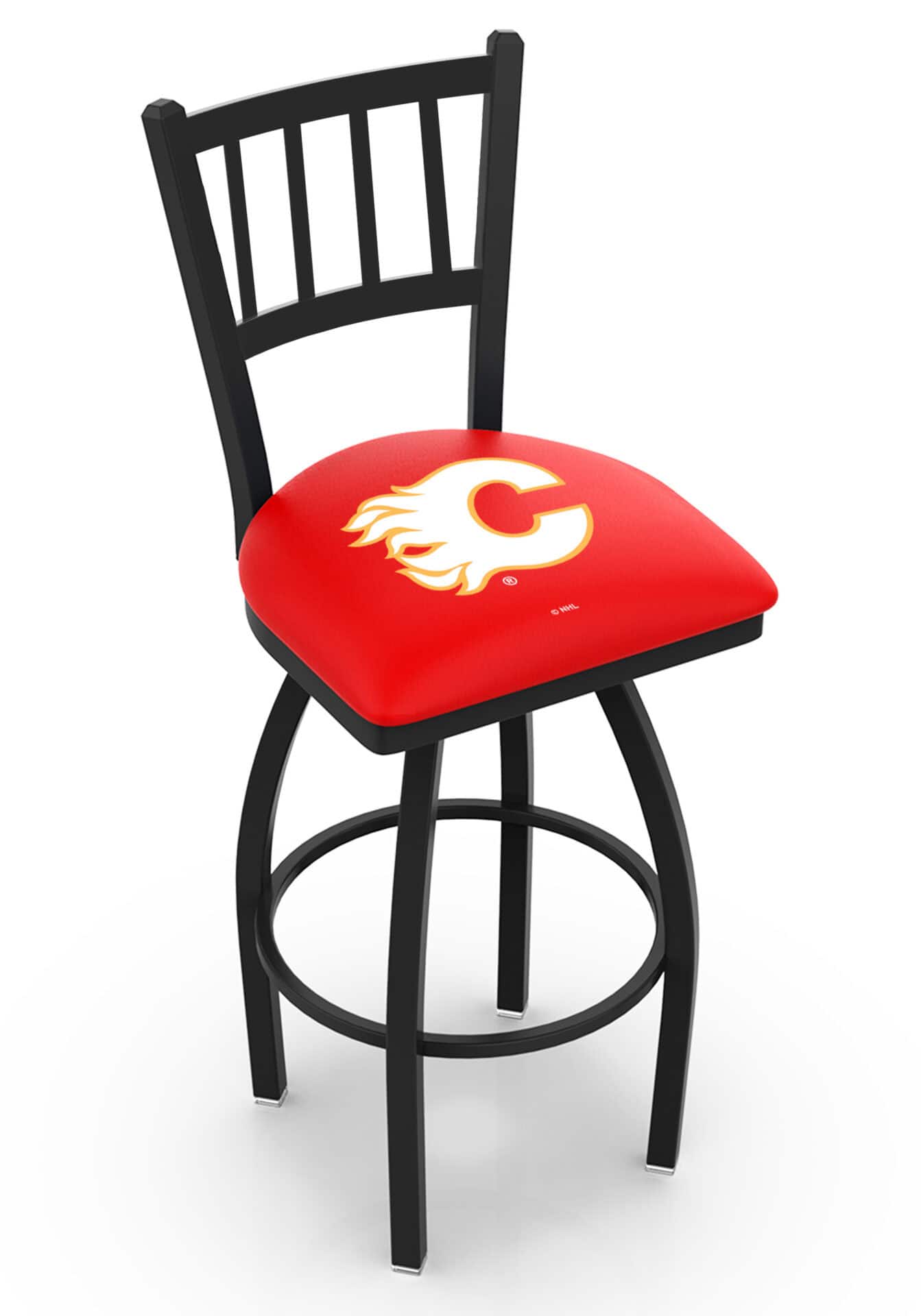 Calgary Flames 36-Inch Swivel Extra Tall Bar Stool w/ Black Wrinkle Finish, Jailhouse Back, 2.5-Inch Cushion Seat 1 Calgary Flames 36-Inch Swivel Extra Tall Bar Stool w/ Black Wrinkle Finish, Jailhouse Back, 2.5-Inch Cushion Seat