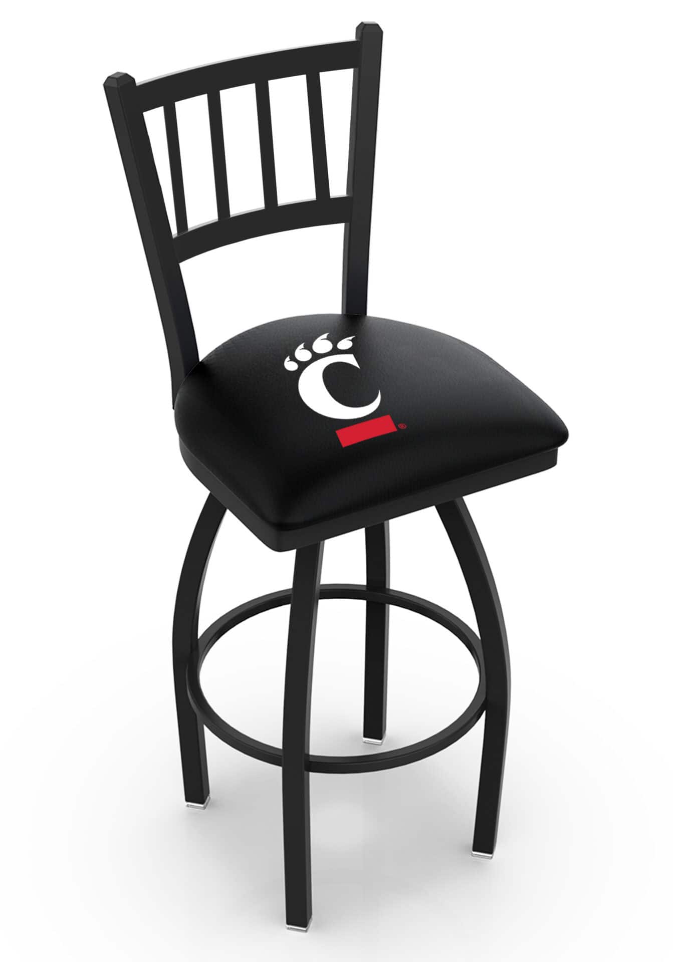 University of Cincinnati 36-Inch Swivel Extra Tall Bar Stool w/ Black Wrinkle Finish, Jailhouse Back, 2.5-Inch Cushion Seat 1 University of Cincinnati 36-Inch Swivel Extra Tall Bar Stool w/ Black Wrinkle Finish, Jailhouse Back, 2.5-Inch Cushion Seat