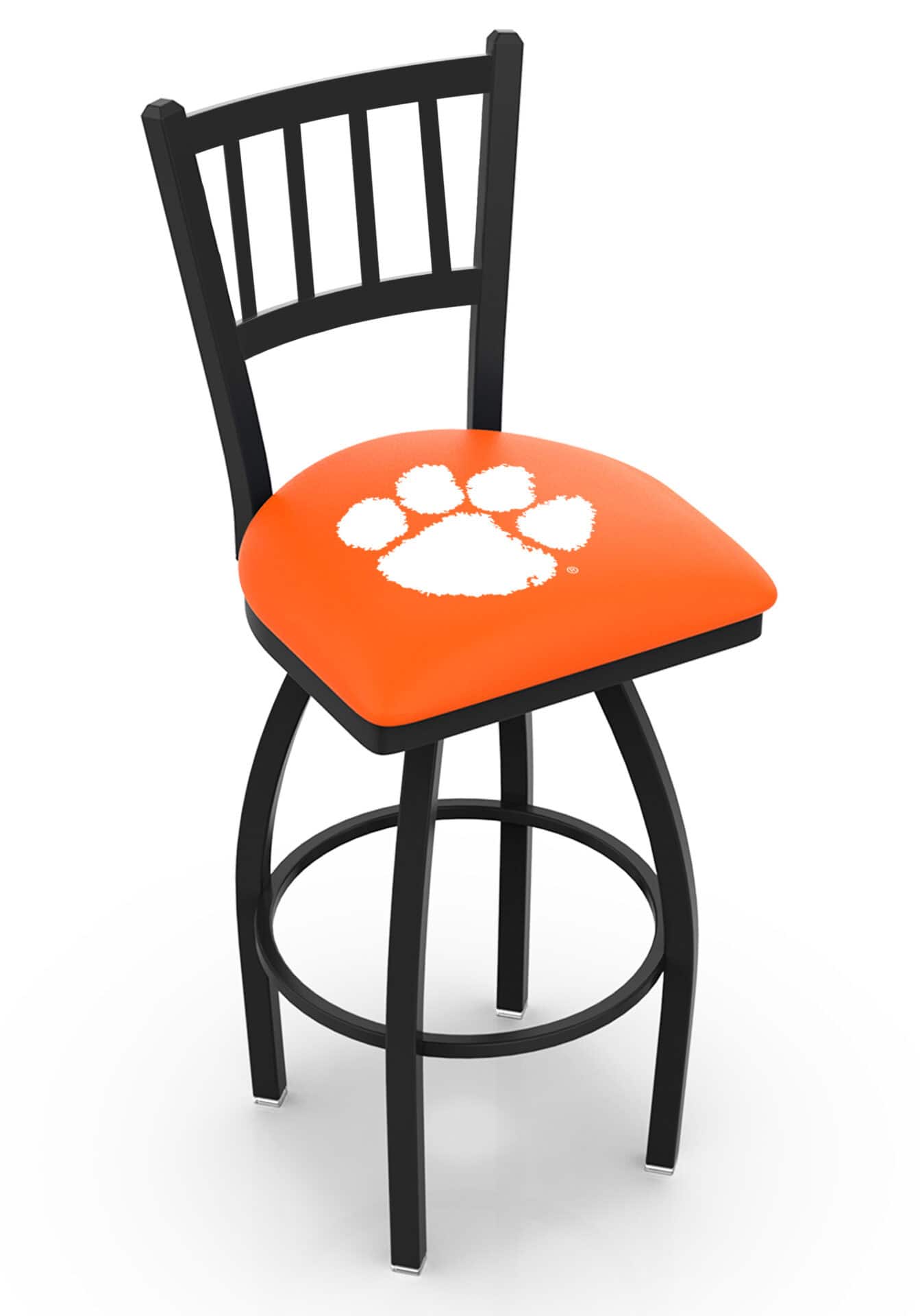 Clemson University 30-Inch Swivel Bar Stool w/ Black Wrinkle Finish, Jailhouse Back, 2.5-Inch Cushion Seat 1 Clemson University 30-Inch Swivel Bar Stool w/ Black Wrinkle Finish, Jailhouse Back, 2.5-Inch Cushion Seat