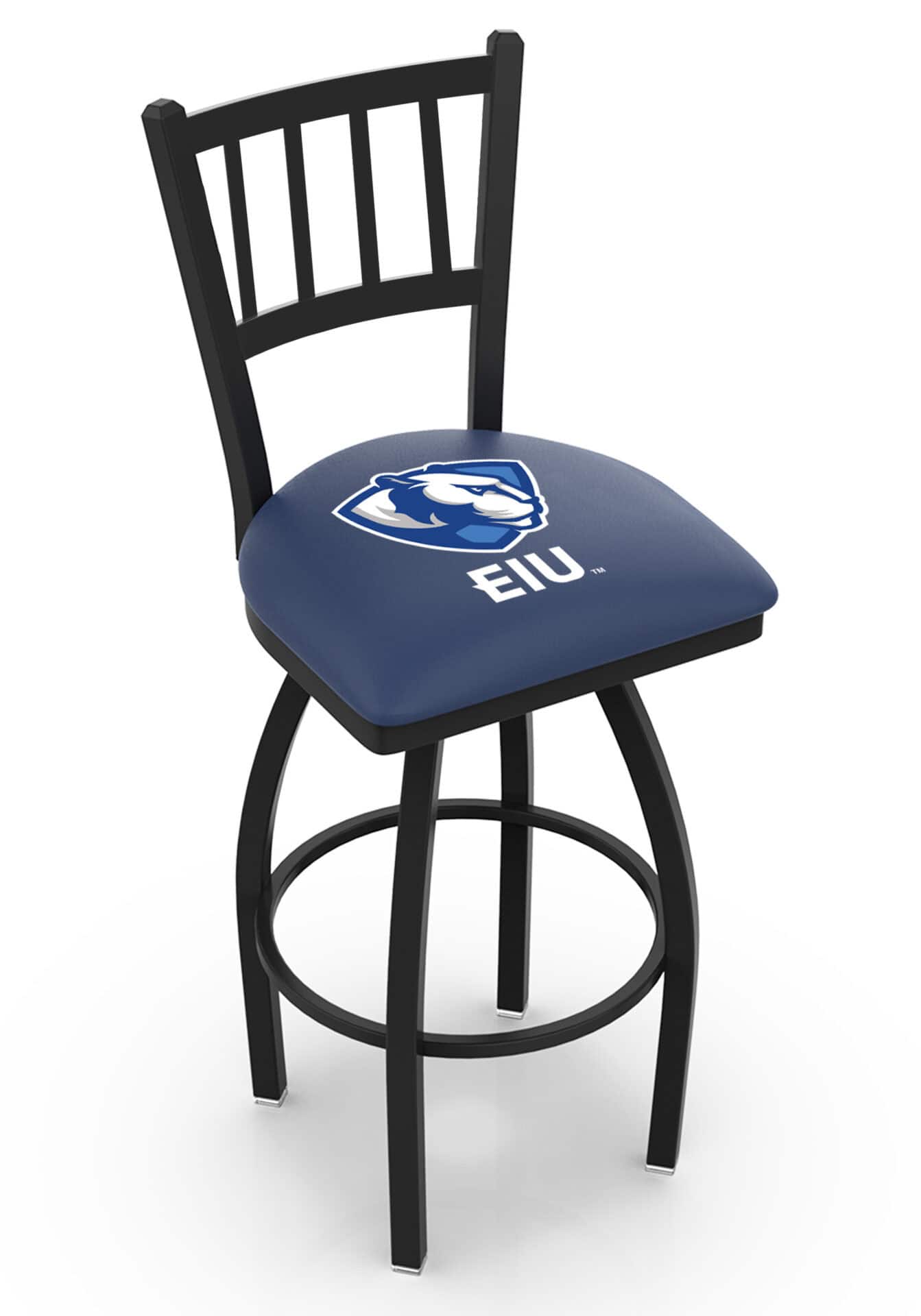 Eastern Illinois University 36-Inch Swivel Extra Tall Bar Stool w/ Black Wrinkle Finish, Jailhouse Back, 2.5-Inch Cushion Seat 1 Eastern Illinois University 36-Inch Swivel Extra Tall Bar Stool w/ Black Wrinkle Finish, Jailhouse Back, 2.5-Inch Cushion Seat