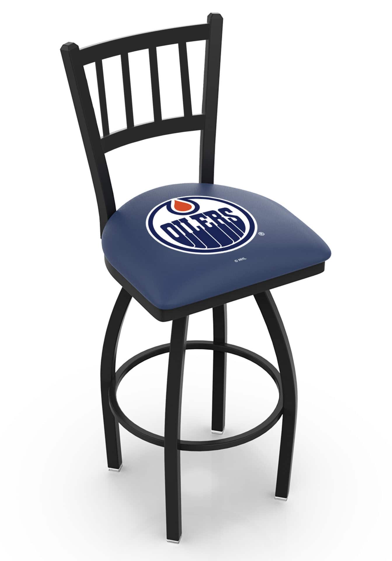 Edmonton Oilers 36-Inch Swivel Extra Tall Bar Stool w/ Black Wrinkle Finish, Jailhouse Back, 2.5-Inch Cushion Seat 1 Edmonton Oilers 36-Inch Swivel Extra Tall Bar Stool w/ Black Wrinkle Finish, Jailhouse Back, 2.5-Inch Cushion Seat