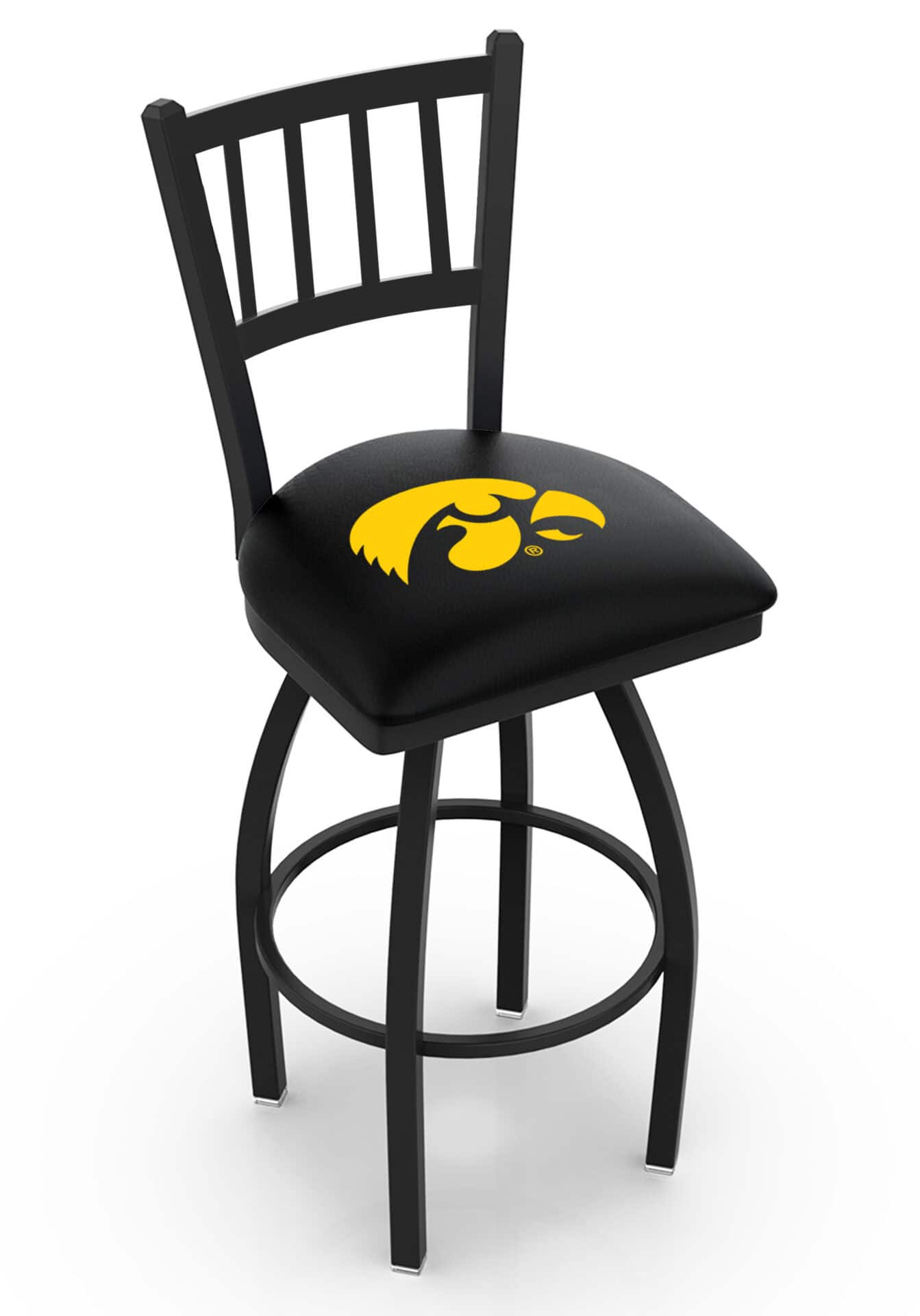University of Iowa 36-Inch Swivel Extra Tall Bar Stool w/ Black Wrinkle Finish, Jailhouse Back, 2.5-Inch Cushion Seat 1 University of Iowa 36-Inch Swivel Extra Tall Bar Stool w/ Black Wrinkle Finish, Jailhouse Back, 2.5-Inch Cushion Seat