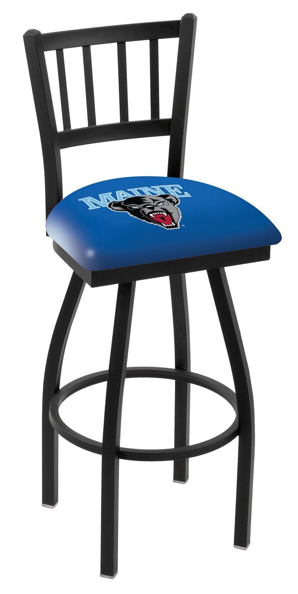 University of Maine 36-Inch Swivel Extra Tall Bar Stool w/ Black Wrinkle Finish, Jailhouse Back, 2.5-Inch Cushion Seat 1 University of Maine 36-Inch Swivel Extra Tall Bar Stool w/ Black Wrinkle Finish, Jailhouse Back, 2.5-Inch Cushion Seat