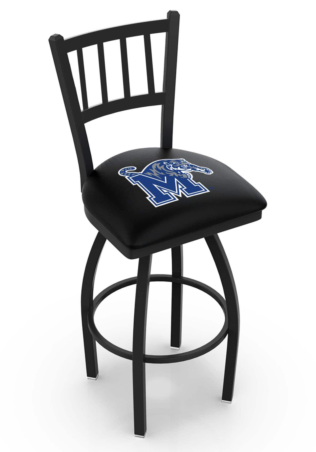 University of Memphis 36-Inch Swivel Extra Tall Bar Stool w/ Black Wrinkle Finish, Jailhouse Back, 2.5-Inch Cushion Seat 1 University of Memphis 36-Inch Swivel Extra Tall Bar Stool w/ Black Wrinkle Finish, Jailhouse Back, 2.5-Inch Cushion Seat