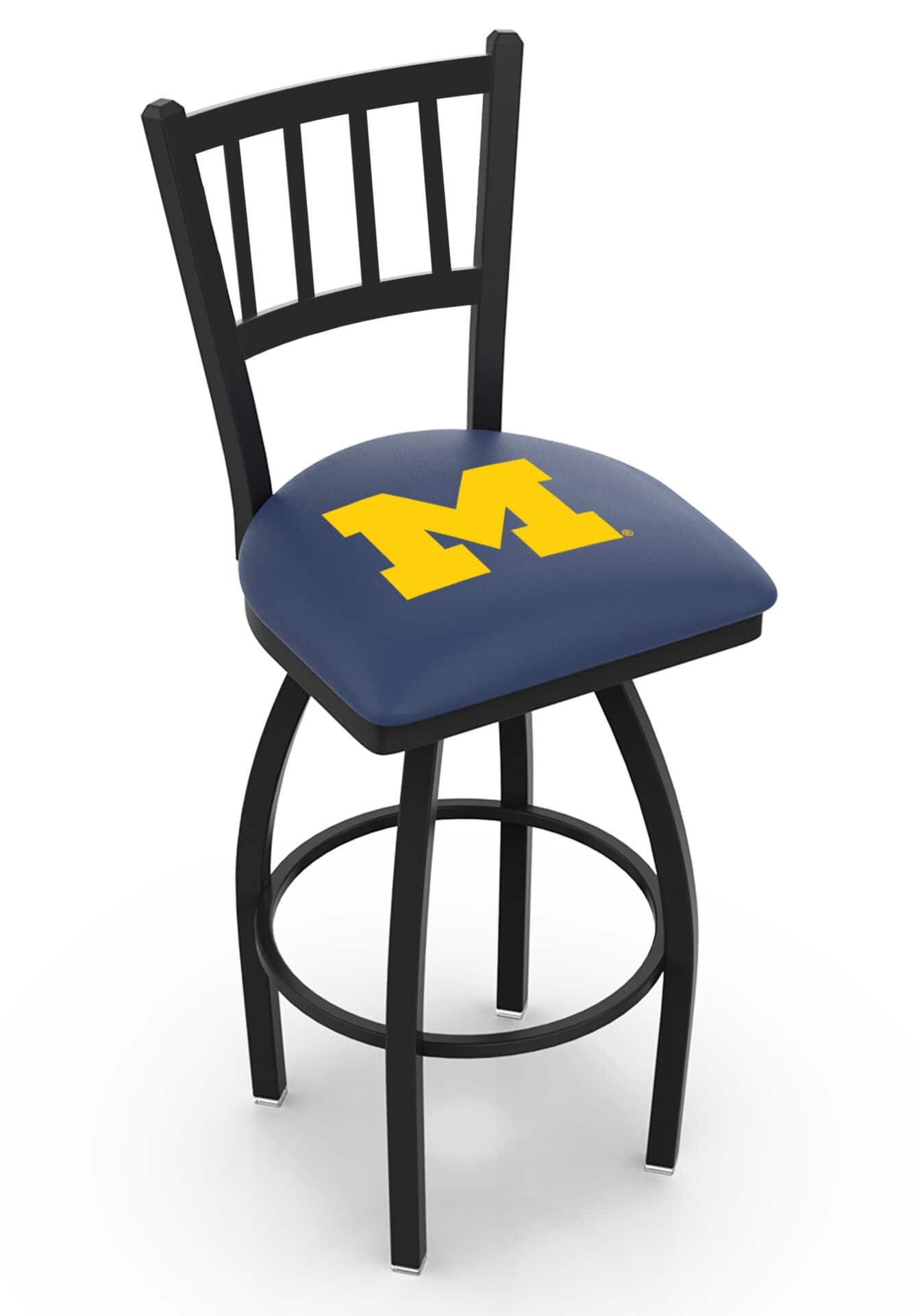 University of Michigan 36-Inch Swivel Extra Tall Bar Stool w/ Black Wrinkle Finish, Jailhouse Back, 2.5-Inch Cushion Seat 1 University of Michigan 36-Inch Swivel Extra Tall Bar Stool w/ Black Wrinkle Finish, Jailhouse Back, 2.5-Inch Cushion Seat