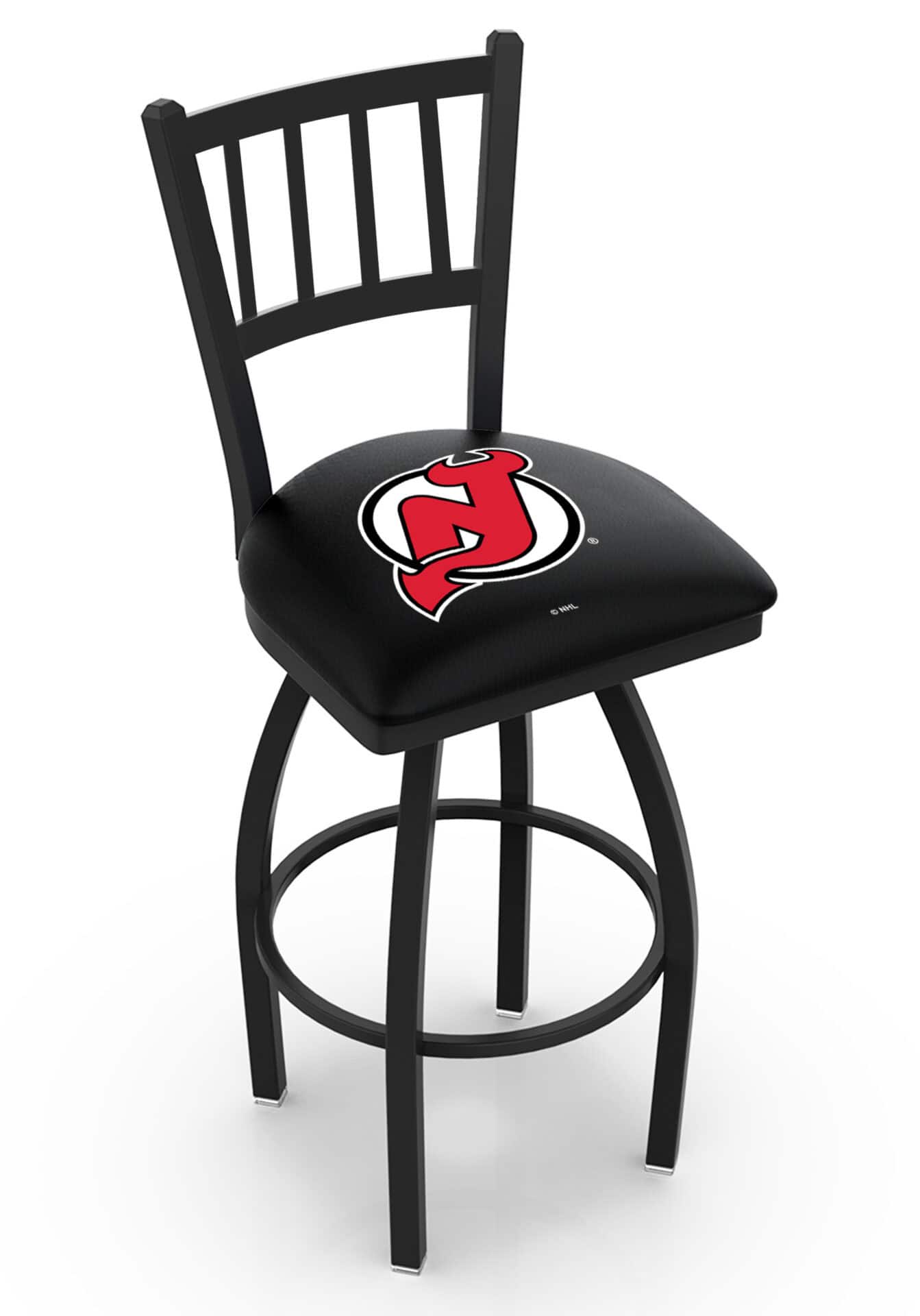 New Jersey Devils 36-Inch Swivel Extra Tall Bar Stool w/ Black Wrinkle Finish, Jailhouse Back, 2.5-Inch Cushion Seat 1 New Jersey Devils 36-Inch Swivel Extra Tall Bar Stool w/ Black Wrinkle Finish, Jailhouse Back, 2.5-Inch Cushion Seat
