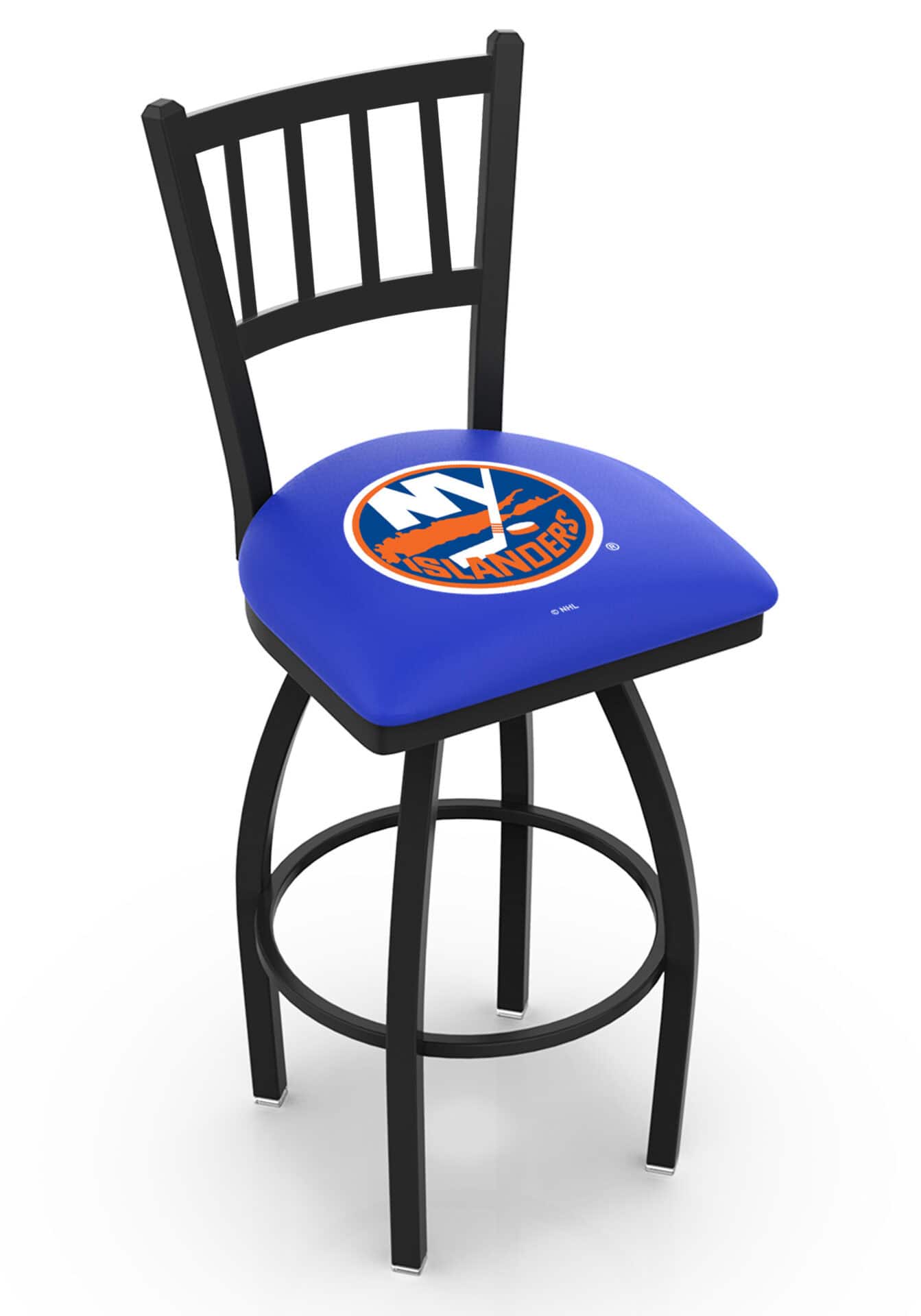 New York Islanders 36-Inch Swivel Extra Tall Bar Stool w/ Black Wrinkle Finish, Jailhouse Back, 2.5-Inch Cushion Seat 1 New York Islanders 36-Inch Swivel Extra Tall Bar Stool w/ Black Wrinkle Finish, Jailhouse Back, 2.5-Inch Cushion Seat