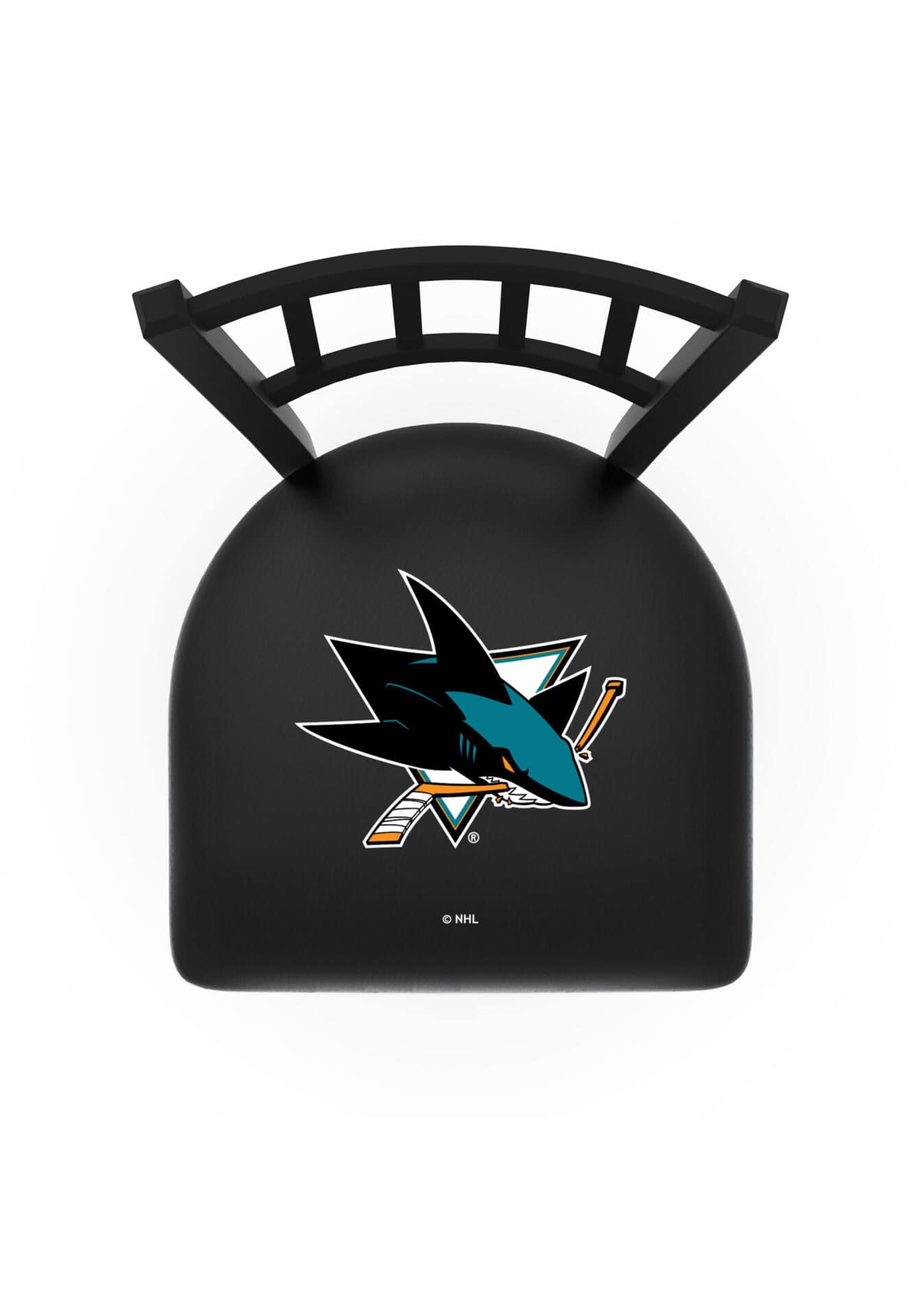 San Jose Sharks 36-Inch Swivel Extra Tall Bar Stool w/ Black Wrinkle Finish, Jailhouse Back, 2.5-Inch Cushion Seat 2 San Jose Sharks 36-Inch Swivel Extra Tall Bar Stool w/ Black Wrinkle Finish, Jailhouse Back, 2.5-Inch Cushion Seat - Image 2