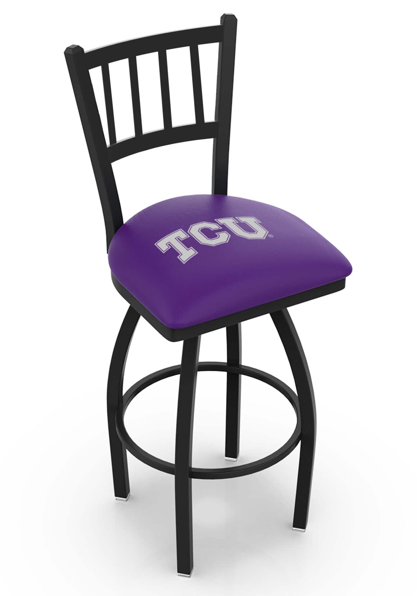 Texas Christian University 36-Inch Swivel Extra Tall Bar Stool w/ Black Wrinkle Finish, Jailhouse Back, 2.5-Inch Cushion Seat 1 Texas Christian University 36-Inch Swivel Extra Tall Bar Stool w/ Black Wrinkle Finish, Jailhouse Back, 2.5-Inch Cushion Seat