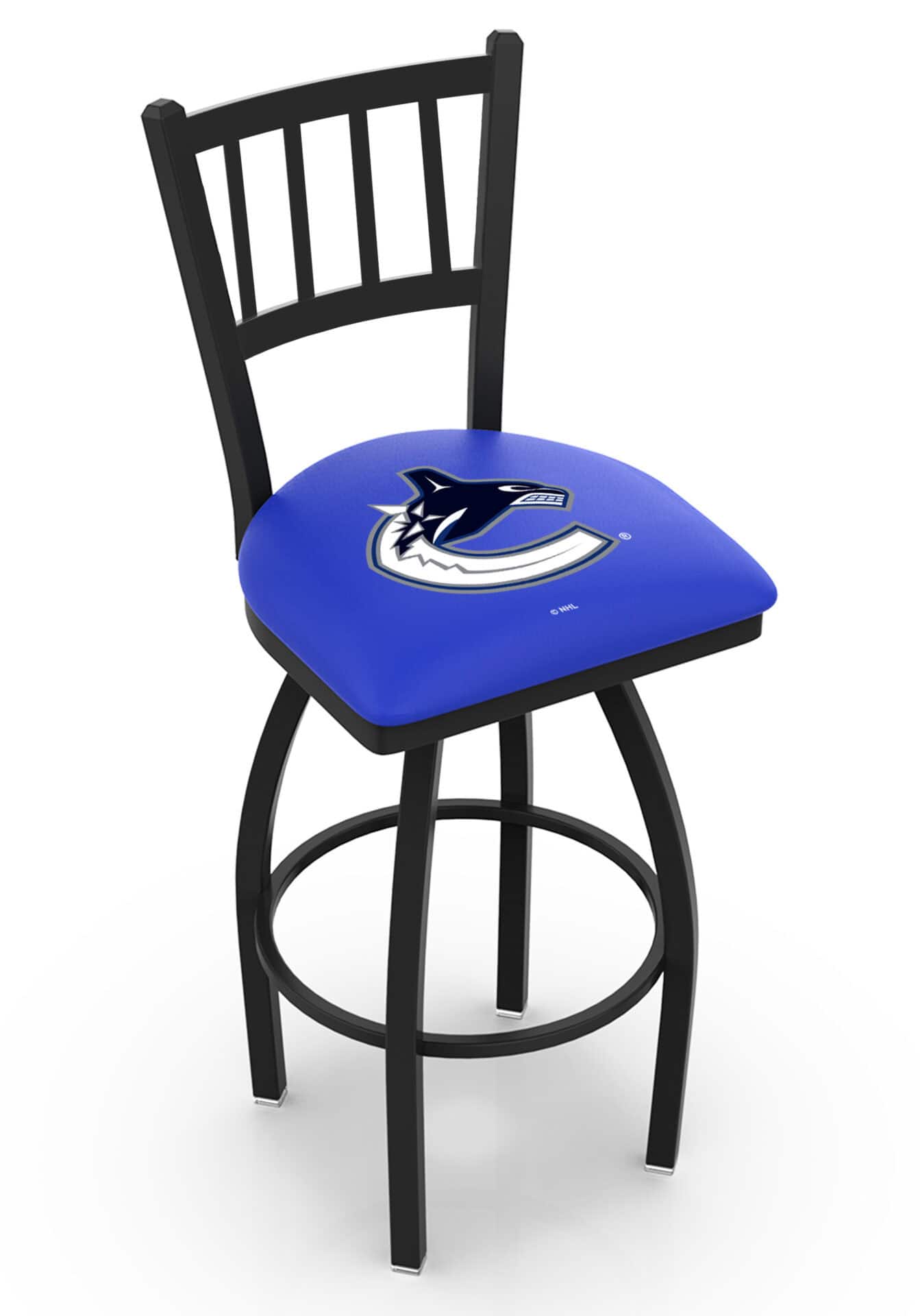Vancouver Canucks 36-Inch Swivel Extra Tall Bar Stool w/ Black Wrinkle Finish, Jailhouse Back, 2.5-Inch Cushion Seat 1 Vancouver Canucks 36-Inch Swivel Extra Tall Bar Stool w/ Black Wrinkle Finish, Jailhouse Back, 2.5-Inch Cushion Seat