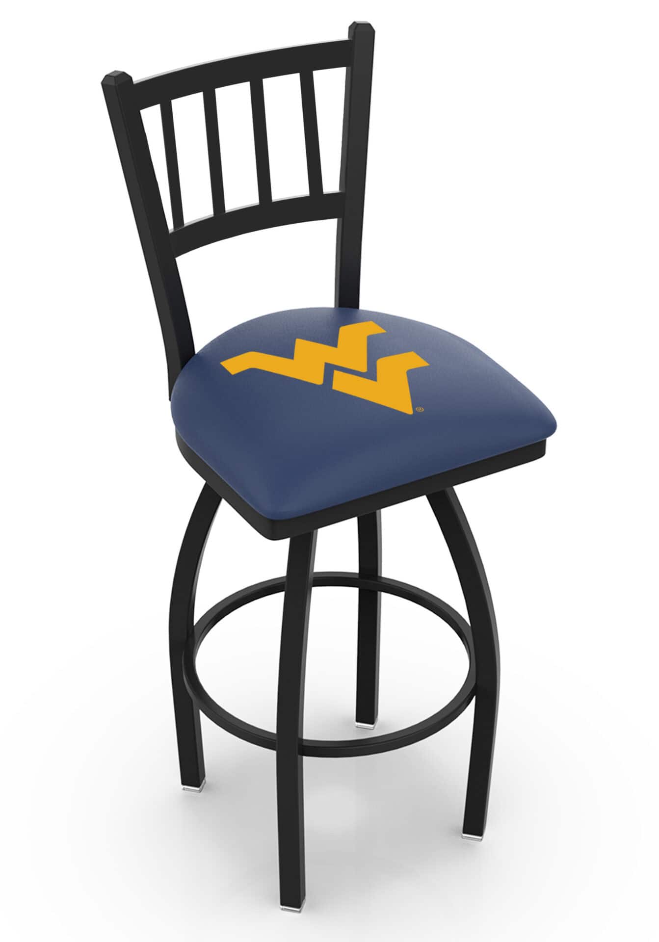 West Virginia University 36-Inch Swivel Extra Tall Bar Stool w/ Black Wrinkle Finish, Jailhouse Back, 2.5-Inch Cushion Seat 1 West Virginia University 36-Inch Swivel Extra Tall Bar Stool w/ Black Wrinkle Finish, Jailhouse Back, 2.5-Inch Cushion Seat