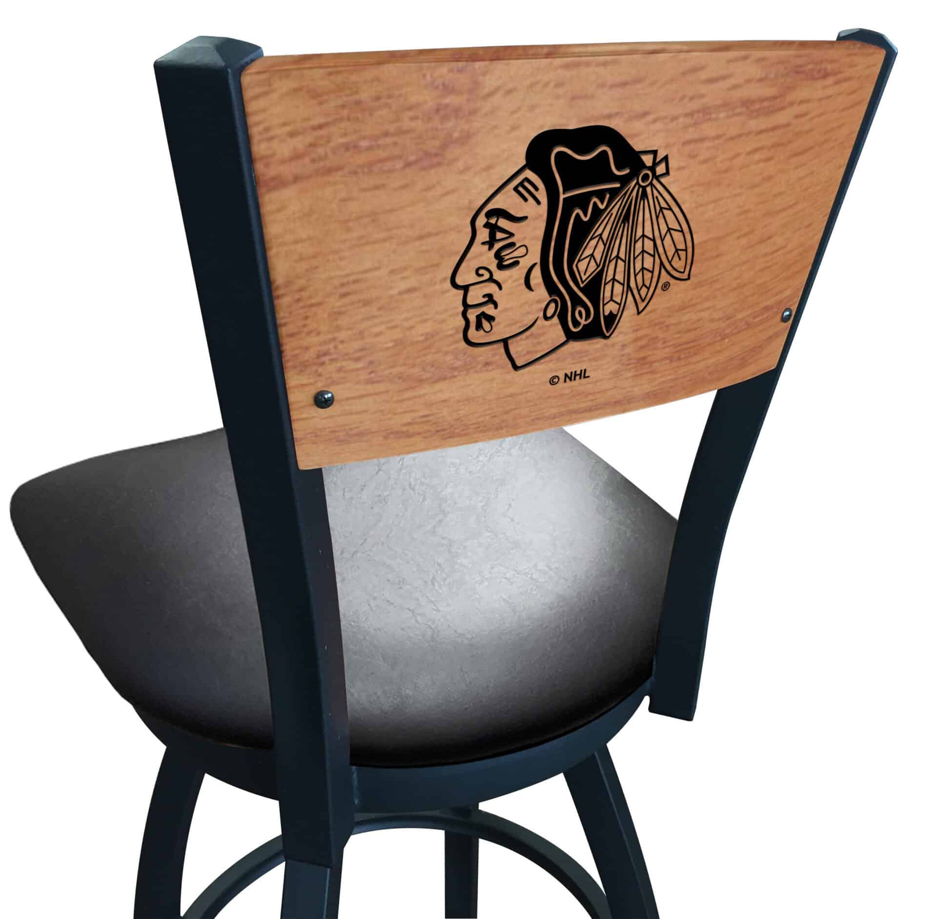 Chicago Blackhawks 36-Inch Swivel Extra Tall Bar Stool w/ Black Wrinkle Finish, Solid Wood Back, 2.5-Inch Cushion Seat 1 Chicago Blackhawks 36-Inch Swivel Extra Tall Bar Stool w/ Black Wrinkle Finish, Solid Wood Back, 2.5-Inch Cushion Seat