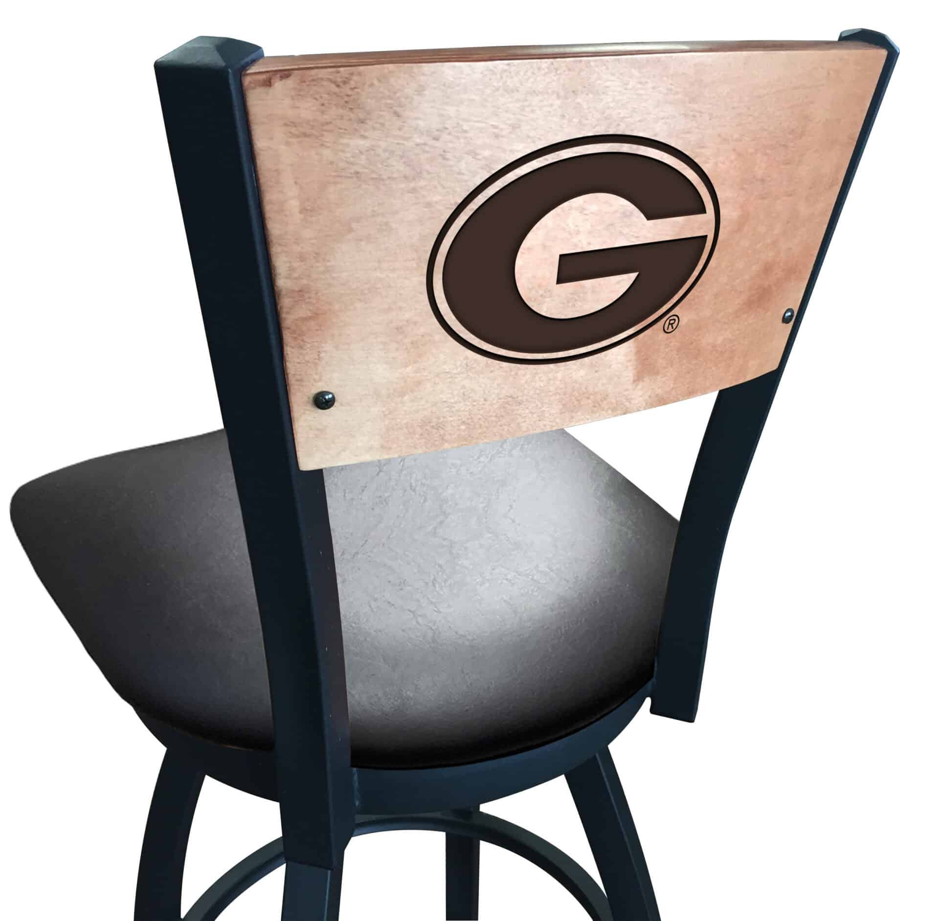 University of Georgia 36-Inch Swivel Extra Tall Bar Stool w/ Black Wrinkle Finish, Solid Wood Back, 2.5-Inch Cushion Seat ("G" Logo) 1 University of Georgia 36-Inch Swivel Extra Tall Bar Stool w/ Black Wrinkle Finish, Solid Wood Back, 2.5-Inch Cushion Seat ("G" Logo)