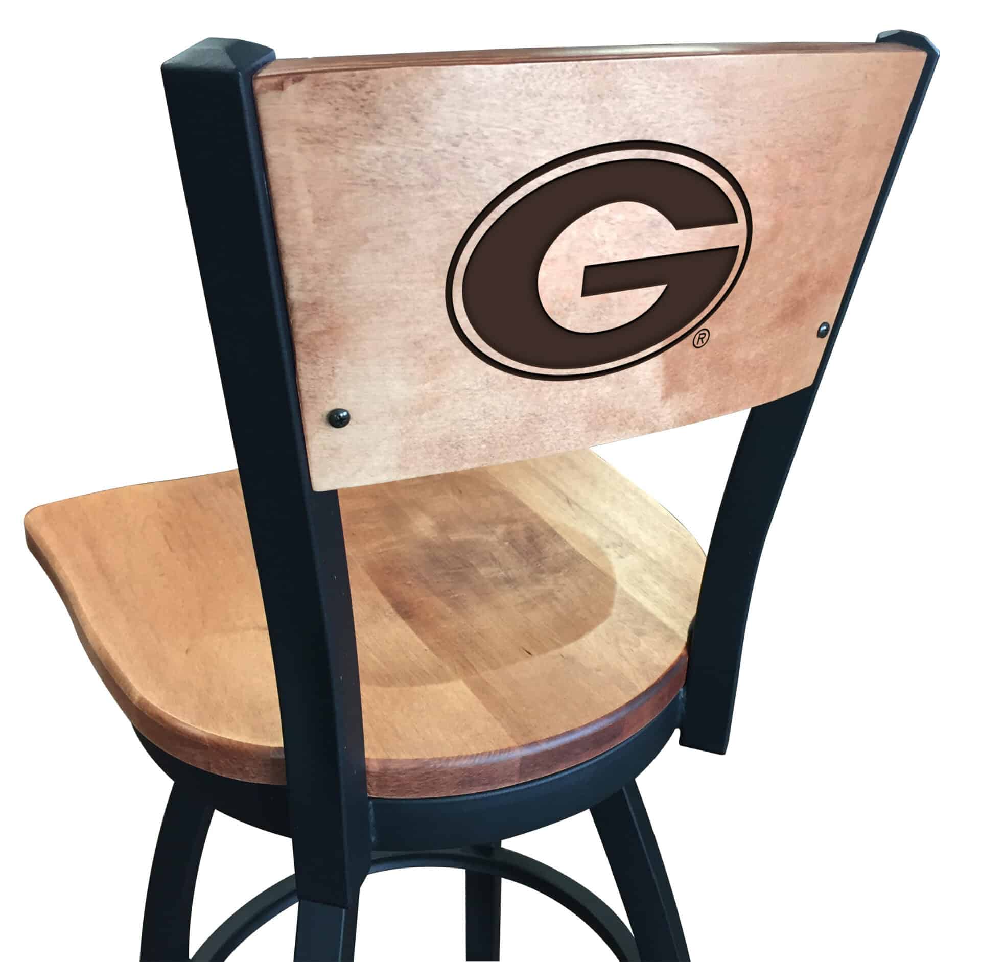 University of Georgia 36-Inch Swivel Extra Tall Bar Stool w/ Black Wrinkle Finish, Solid Wood Back, Solid Maple Wood Seat ("G" Logo) 1 University of Georgia 36-Inch Swivel Extra Tall Bar Stool w/ Black Wrinkle Finish, Solid Wood Back, Solid Maple Wood Seat ("G" Logo)