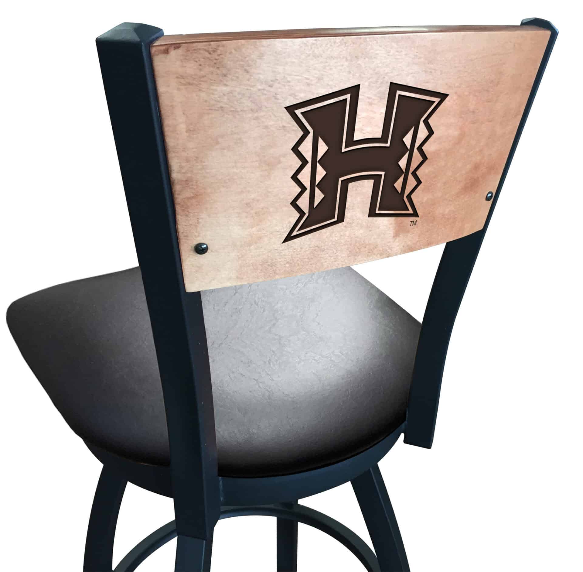 University of Hawaii 36-Inch Swivel Extra Tall Bar Stool w/ Black Wrinkle Finish, Solid Wood Back, 2.5-Inch Cushion Seat 1 University of Hawaii 36-Inch Swivel Extra Tall Bar Stool w/ Black Wrinkle Finish, Solid Wood Back, 2.5-Inch Cushion Seat