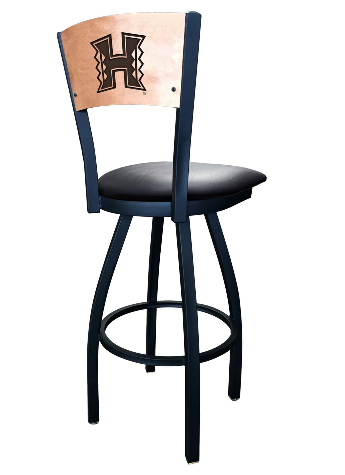 University of Hawaii 36-Inch Swivel Extra Tall Bar Stool w/ Black Wrinkle Finish, Solid Wood Back, 2.5-Inch Cushion Seat 2 University of Hawaii 36-Inch Swivel Extra Tall Bar Stool w/ Black Wrinkle Finish, Solid Wood Back, 2.5-Inch Cushion Seat - Image 2